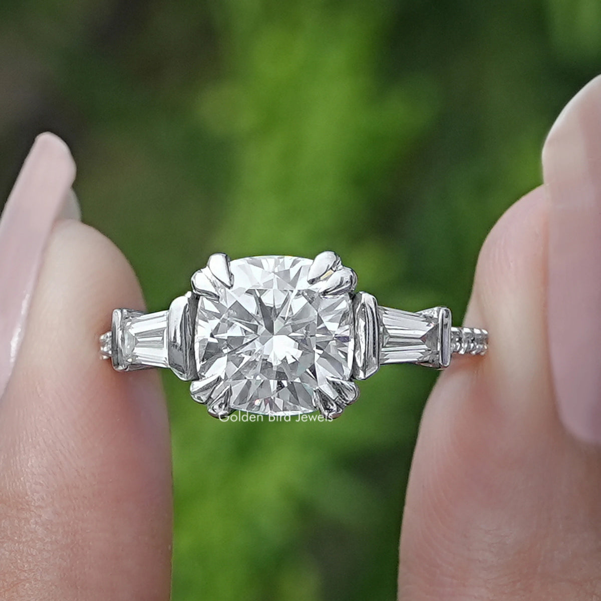 Cushion Moissanite Three Stone Engagement Ring