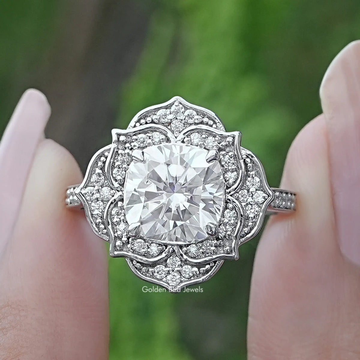 Cushion Cut Moissanite Floral Halo Wedding Ring