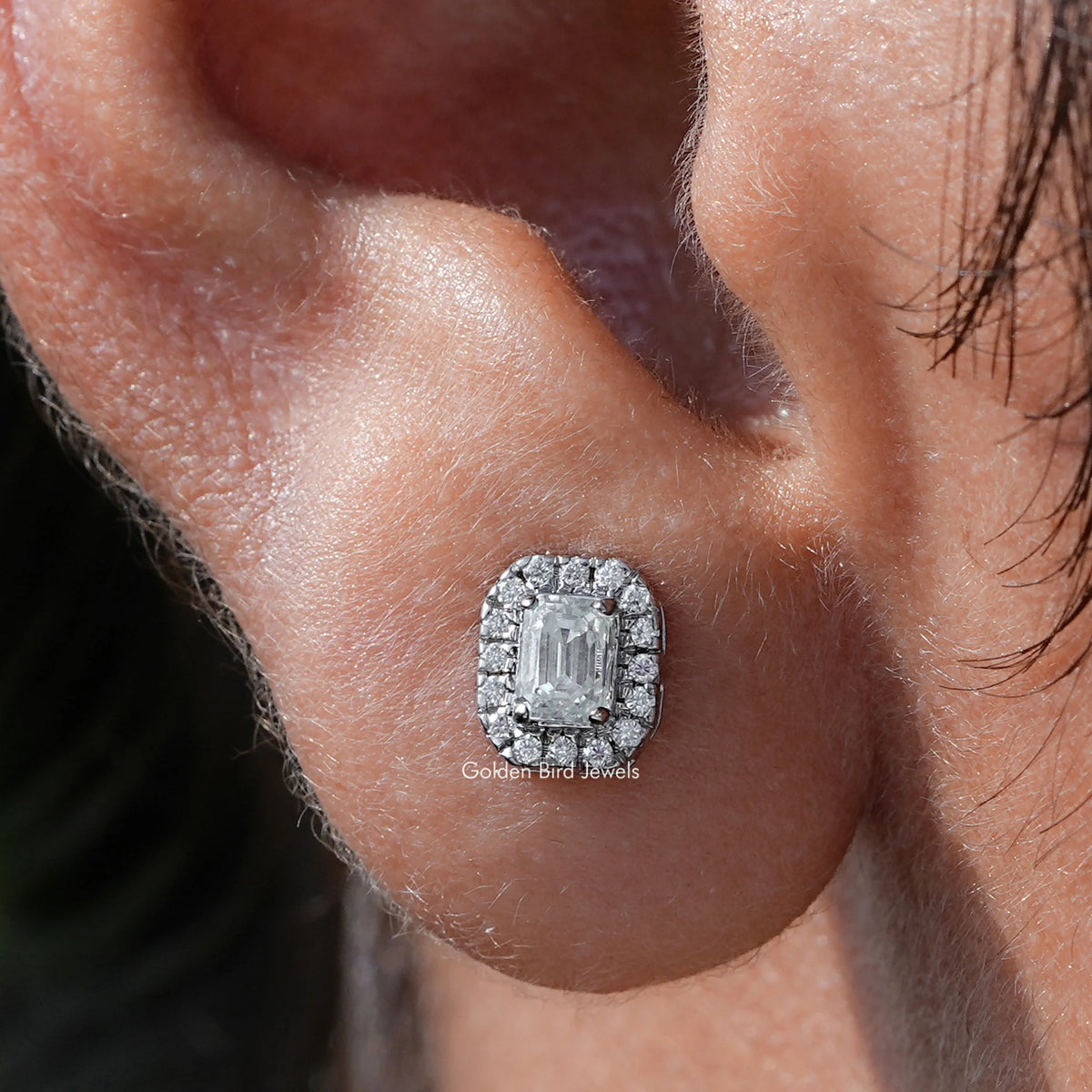 Emerald Cut Moissanite Halo Stud Earrings