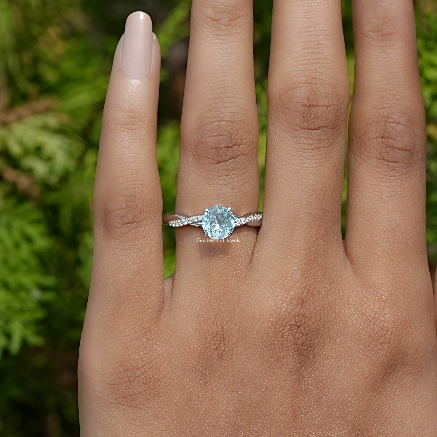 Detailed View of Aquamarine Gemstone Round Cut Accent Ring In White Gold