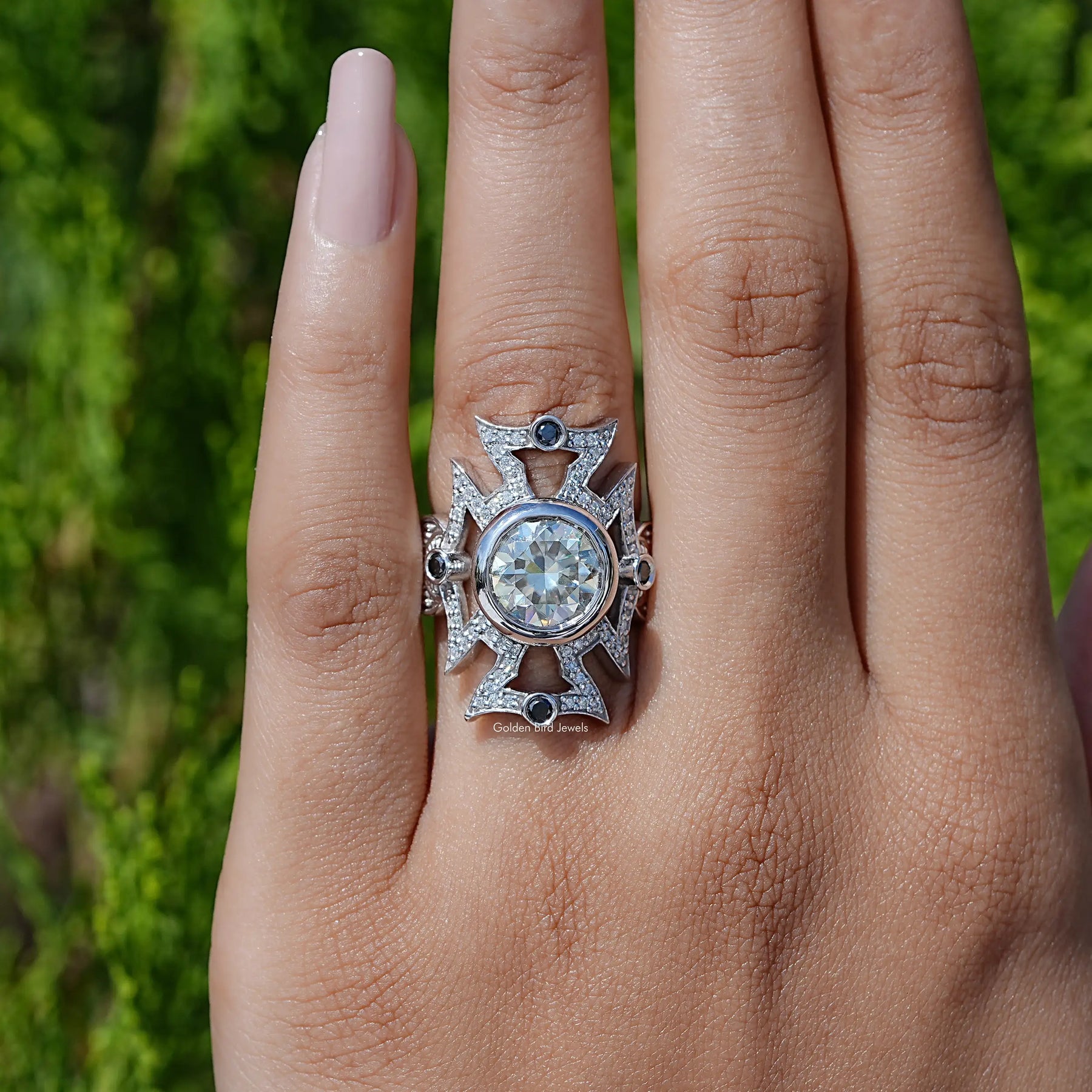In Finger view of round cut Art deco moissanite halo Ring