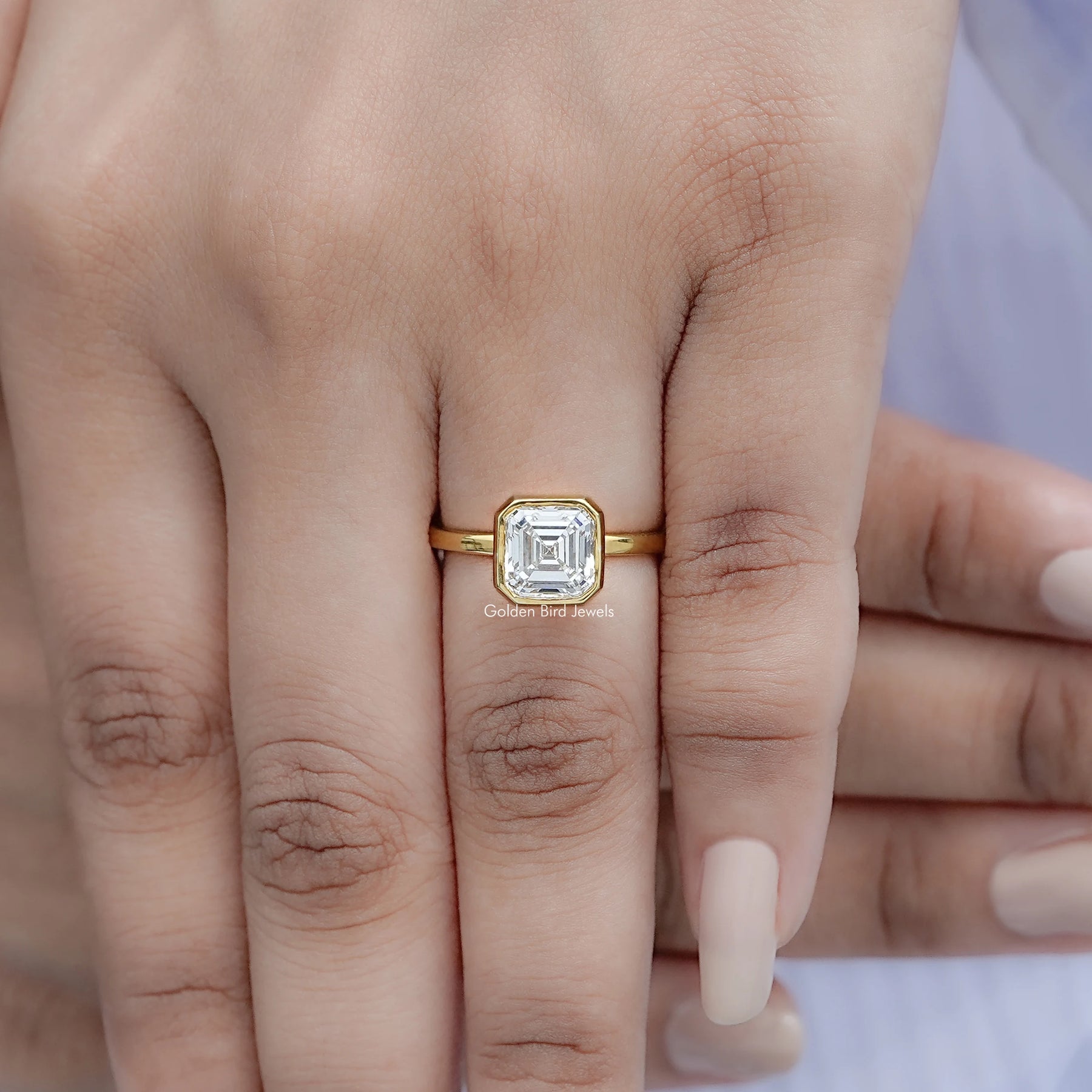 Bezel Set Asscher Cut Lab Diamond Solitaire Ring