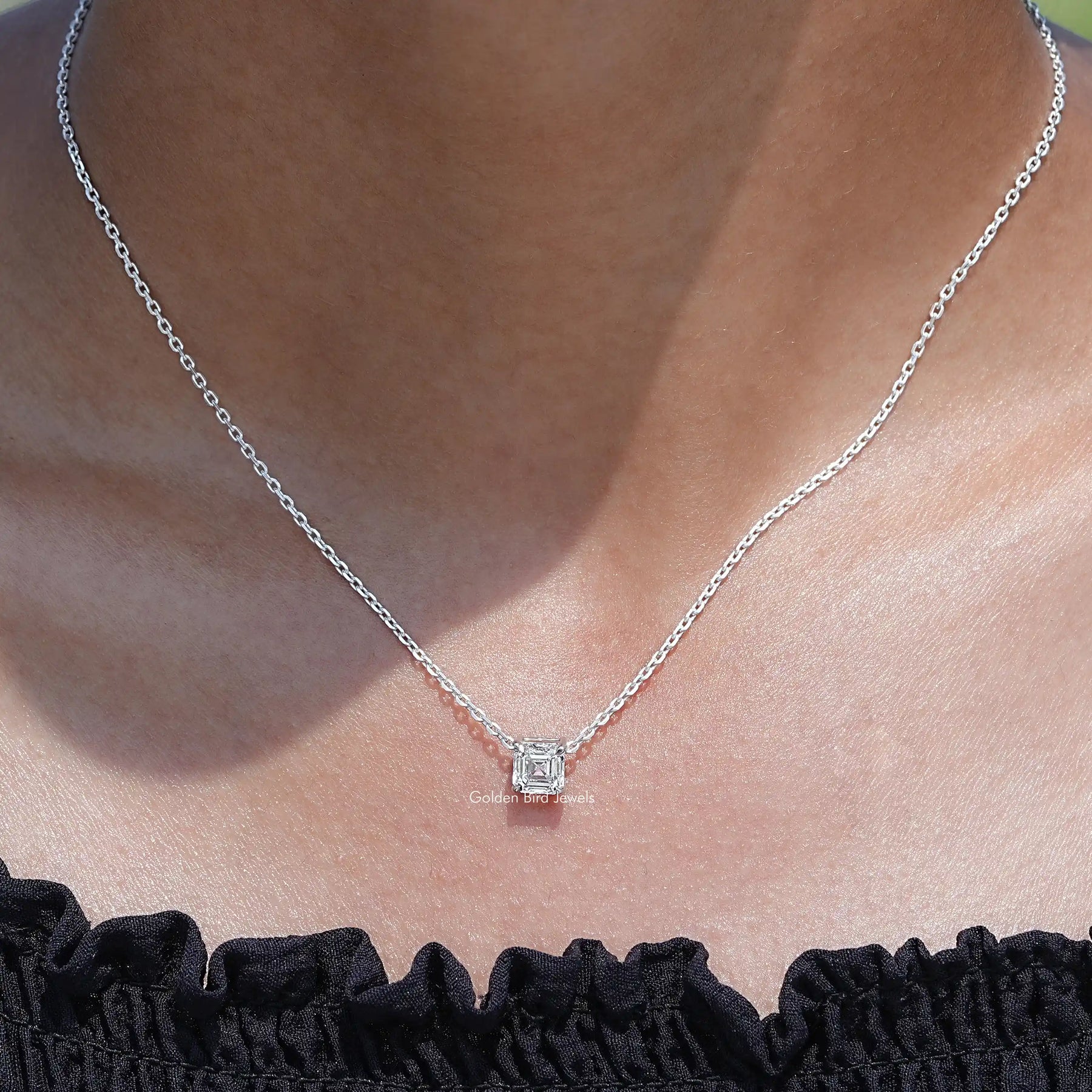 View of lab grown diamond Asscher cut pendant