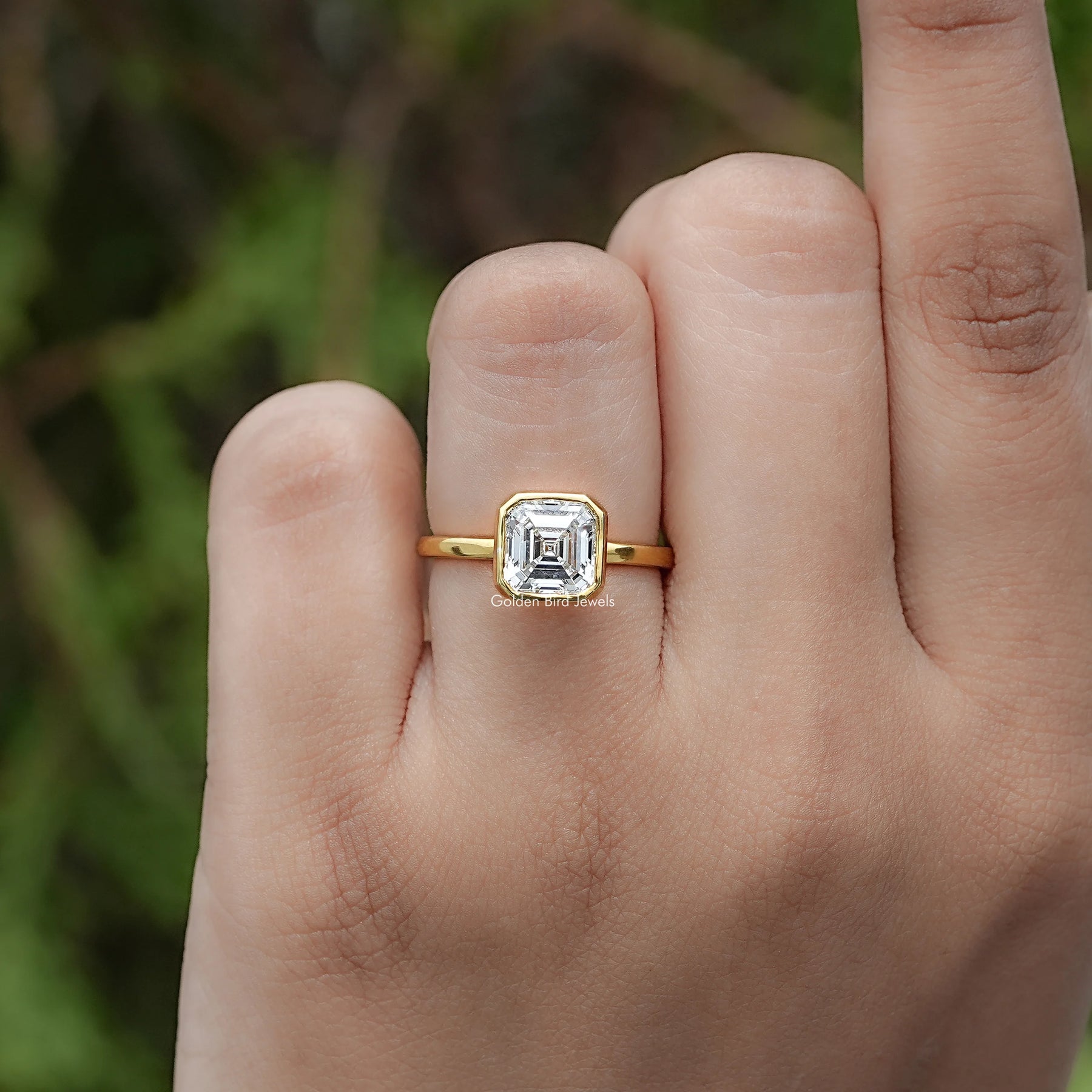 Bezel Set Asscher Cut Lab Diamond Solitaire Ring