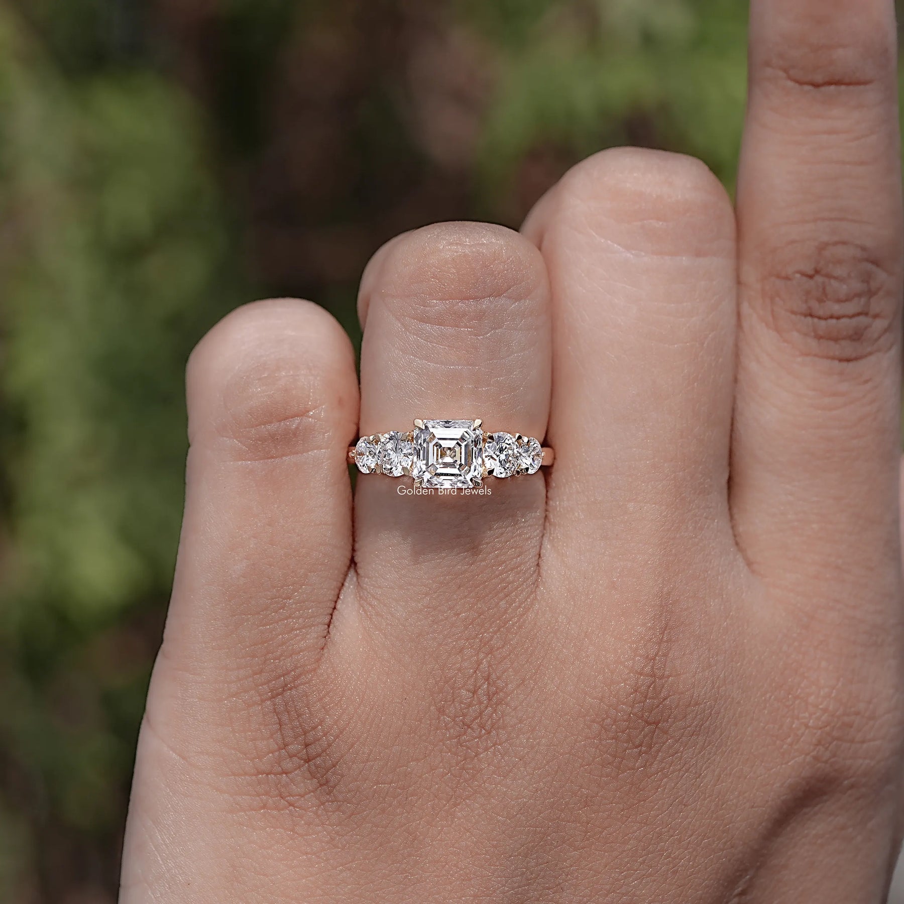 Front view of Asscher Cut Lab Diamond Five Stone Ring