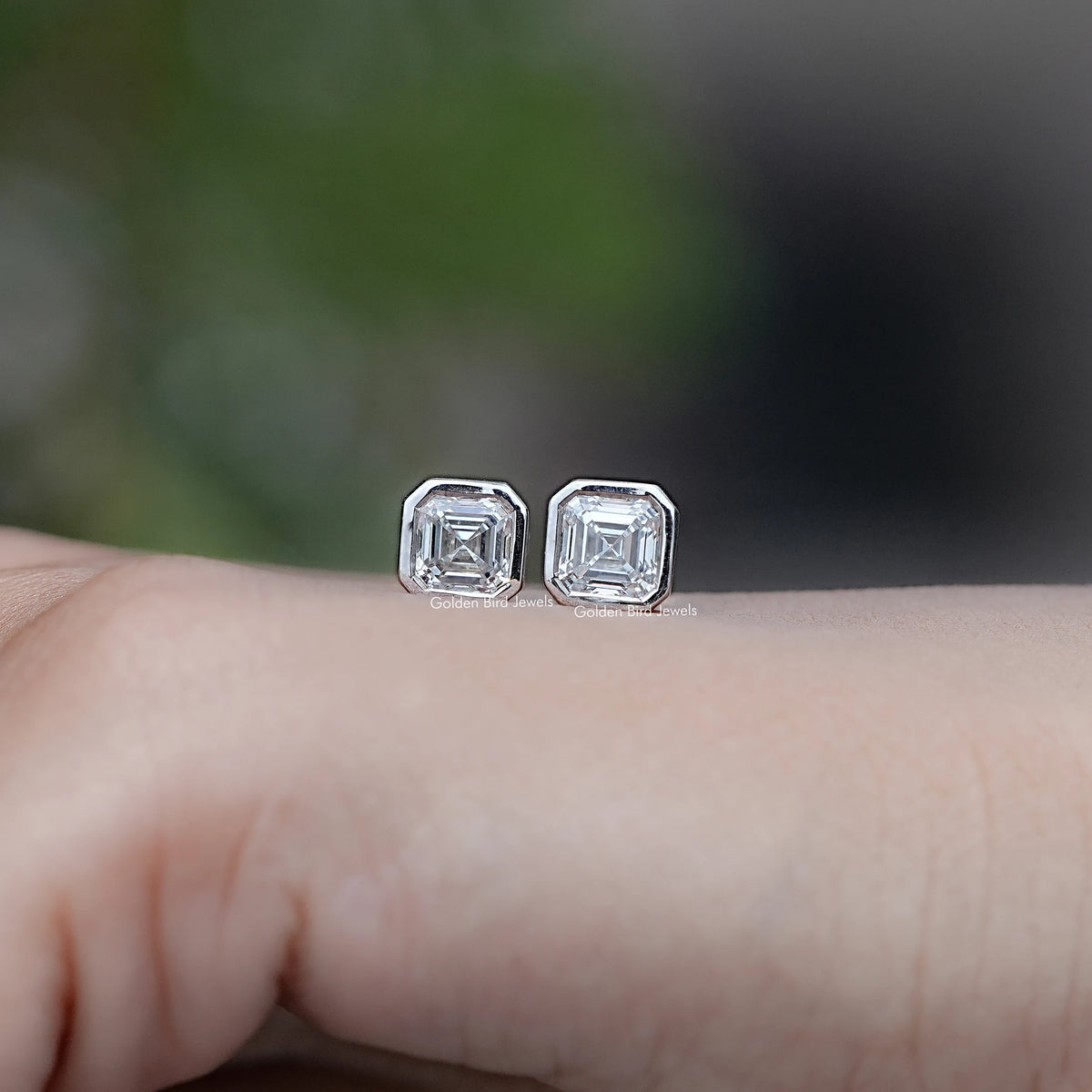 Front view of Asscher Cut Lab Diamond Bezel Set Stud Earrings
