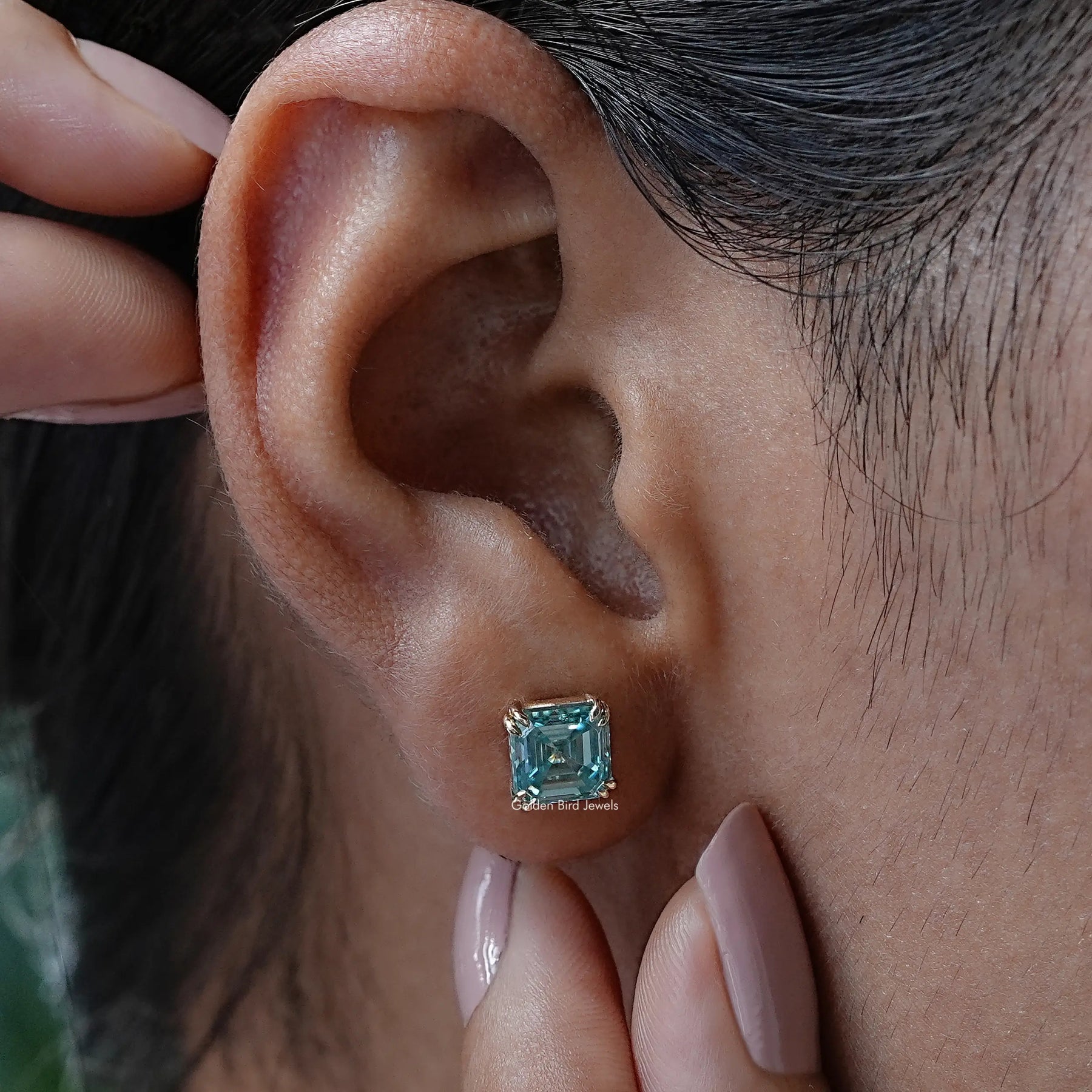 Close View of a Asscher Cut Stud Earrings