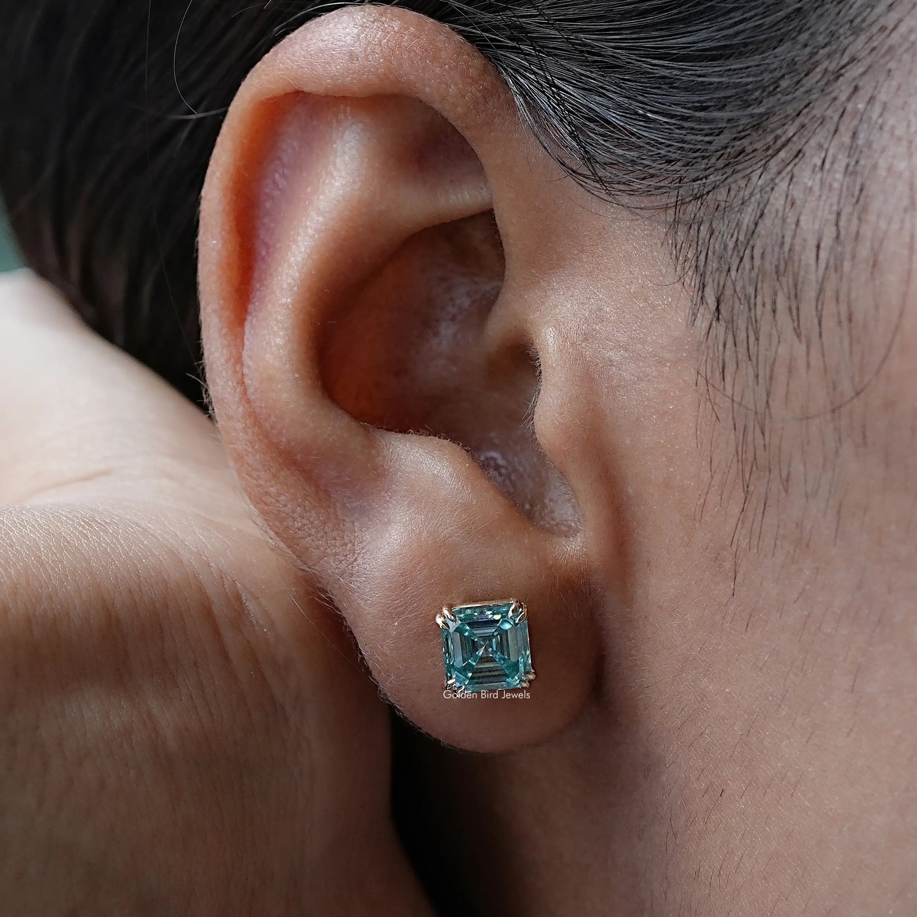 Close view of moissanite stud earrings in Unique desig