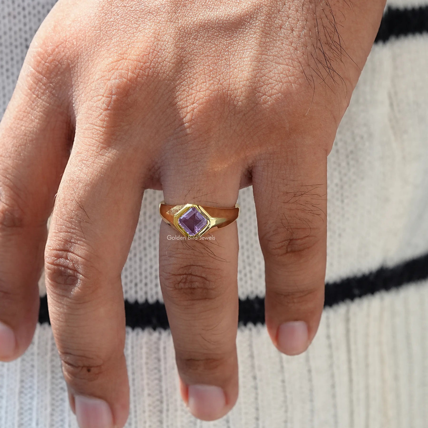 View of asscher purple saphhire mens ring