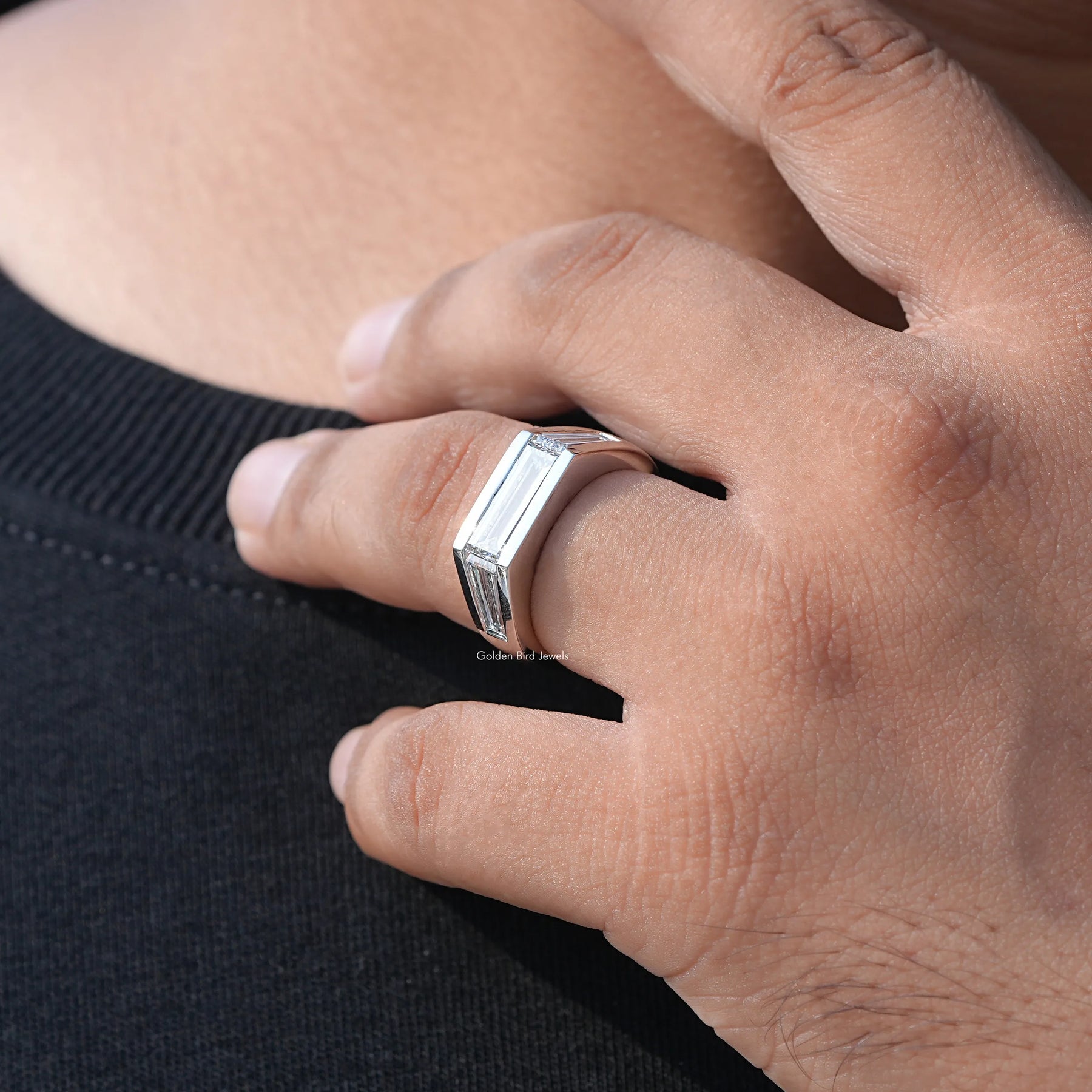 Side View of Baguette Cut Lab Diamond Men's Wedding Ring In Finger