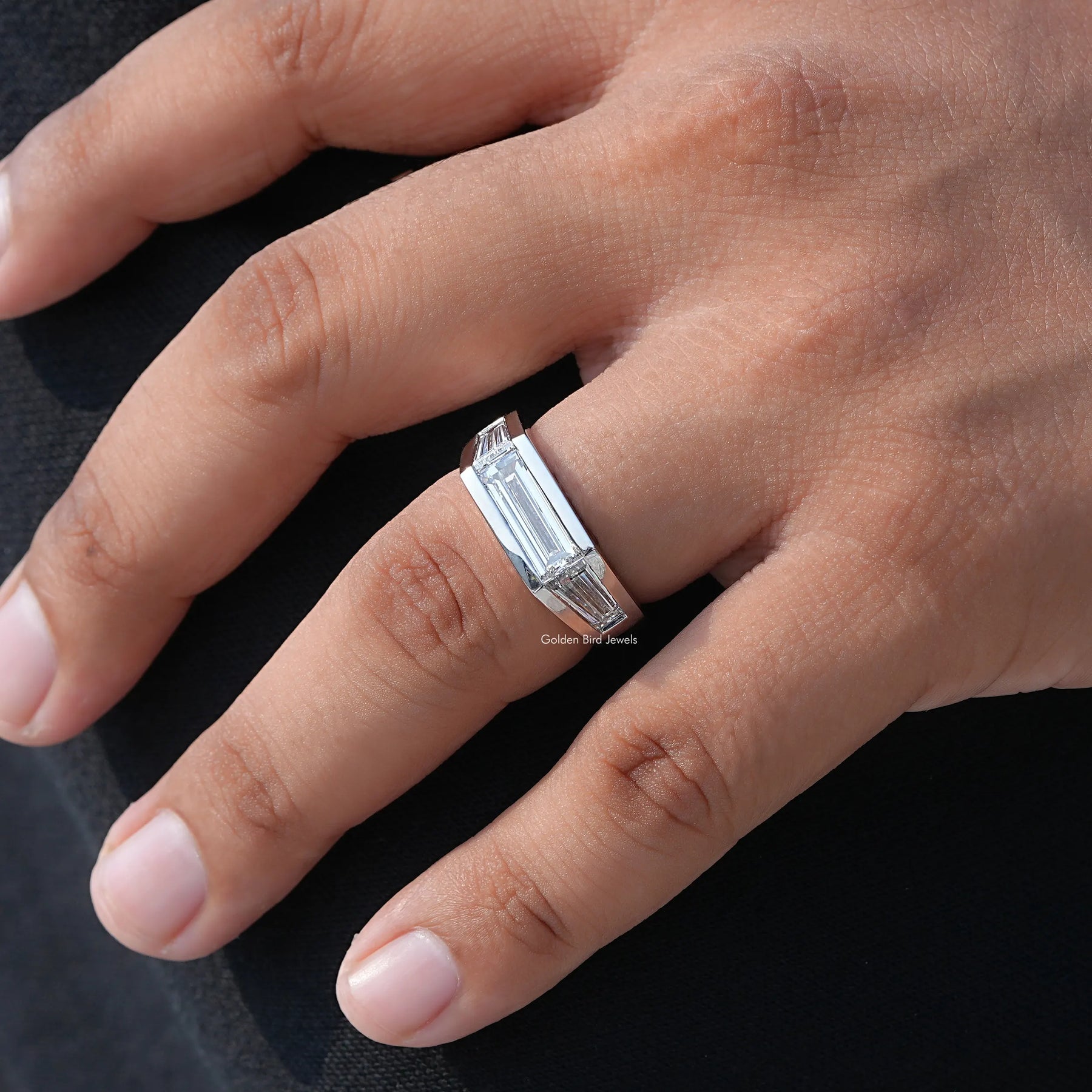 View of Baguette Cut Diamond Men's Ring In White Gold