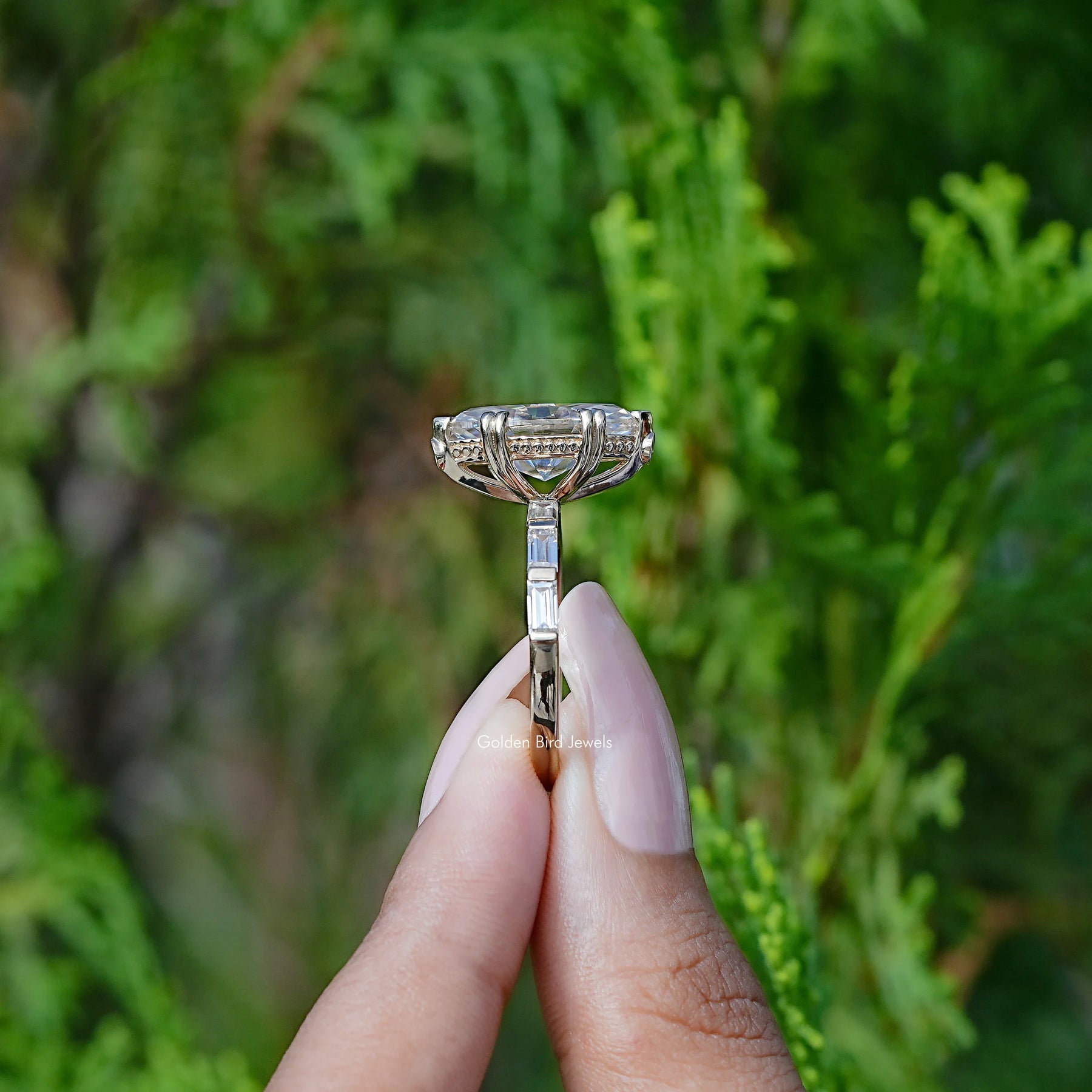Side View of Engagement ring crafted in Baguette Cut Moissanite