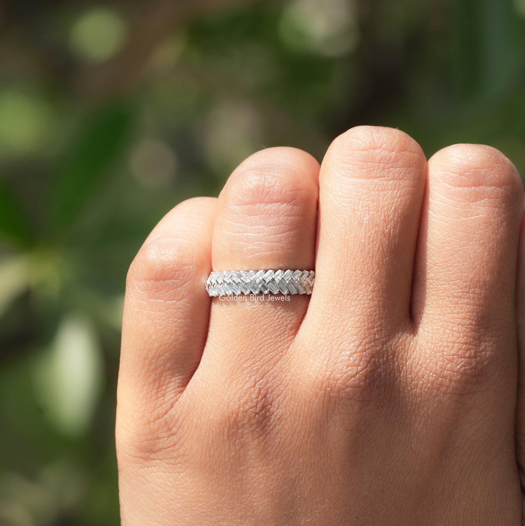View of Baguette Cut Moissanite Wedding Band In finger