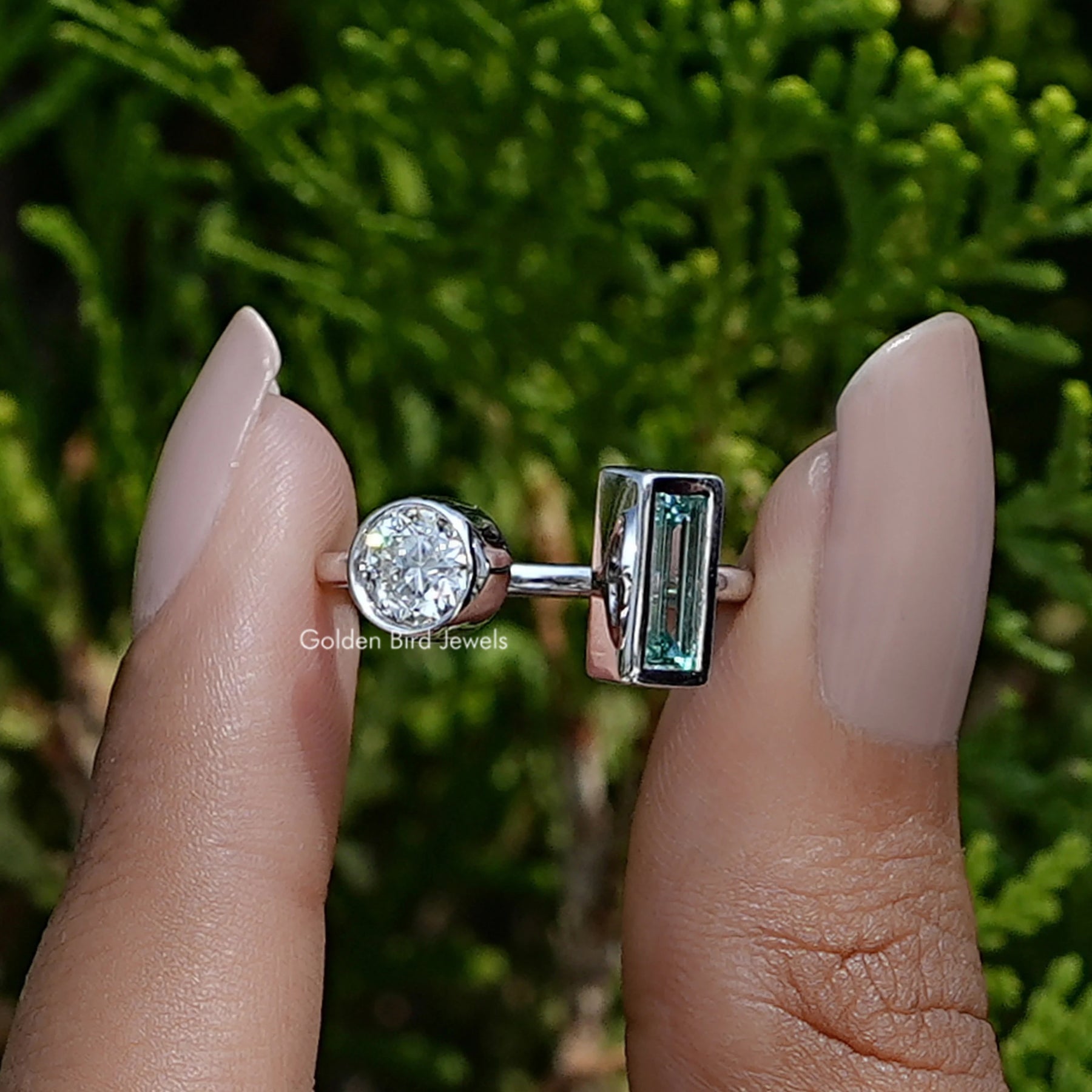 View of Baguette cut moissanite open cuff toi et moi Wedding Ring
