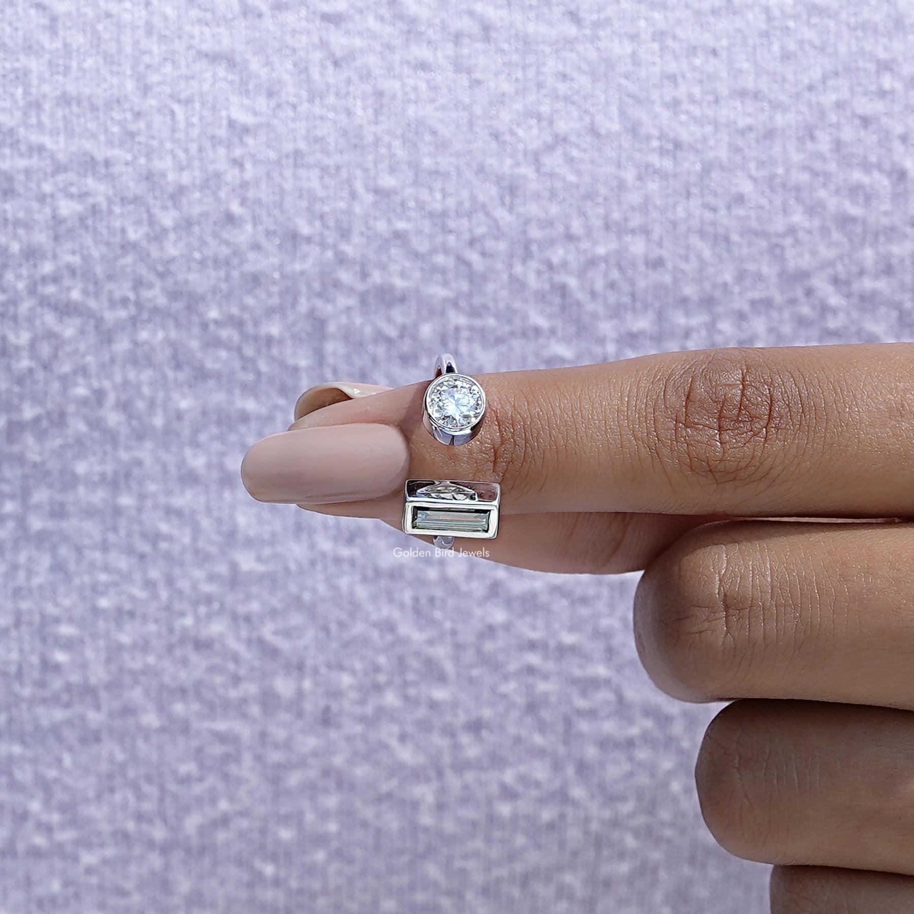 Detailed view of moissanite baguette cut wedding ring