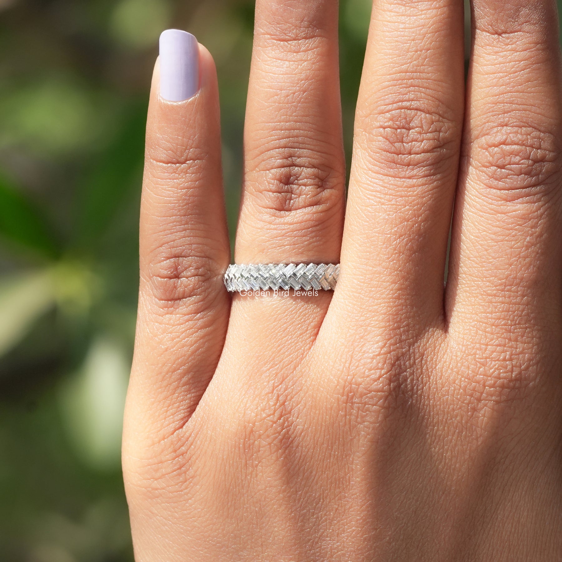 View of Moissanite Baguette Cut Half Eternity Band In White Gold