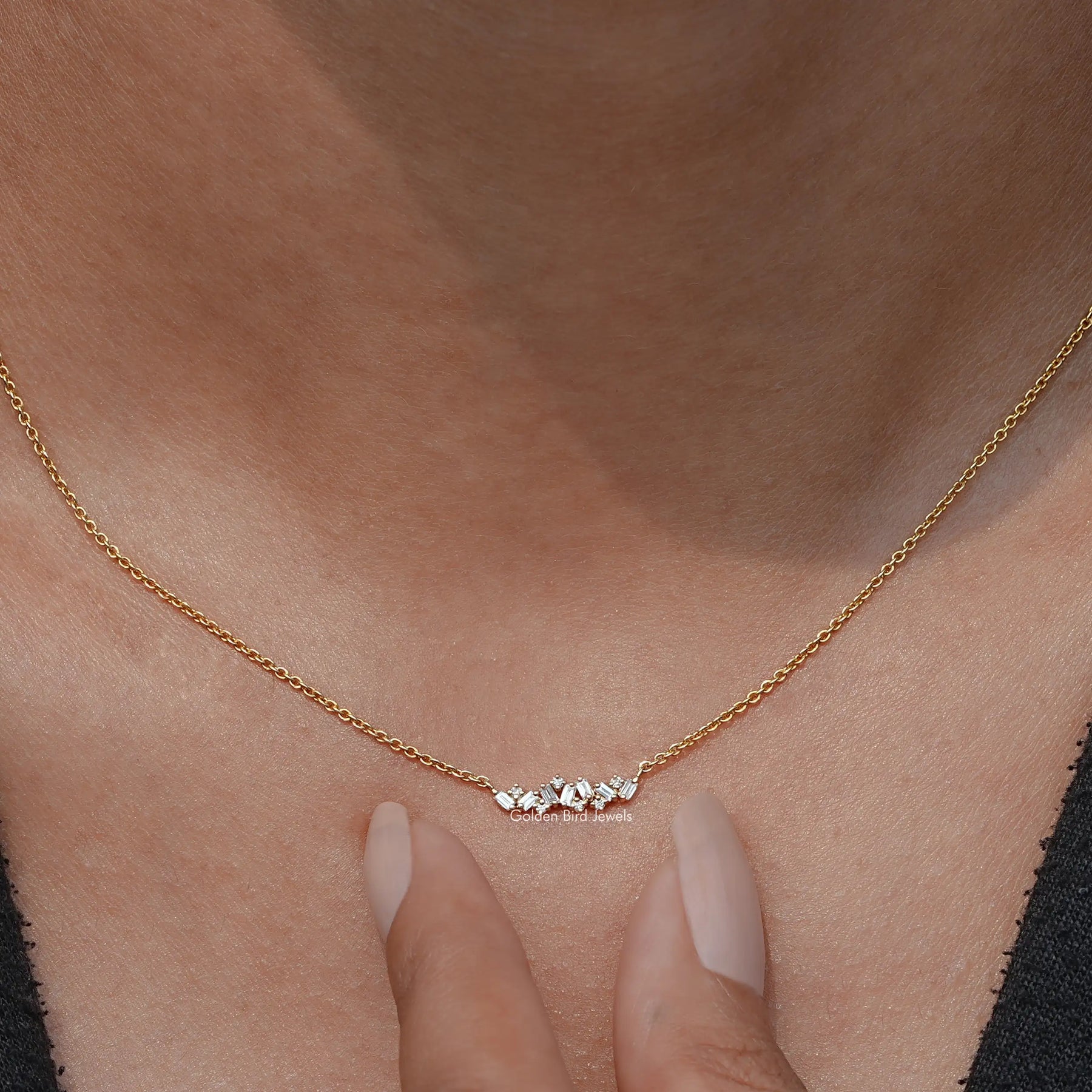 View of Baguette Cut Diamond Cluster Pendant In Yellow Gold