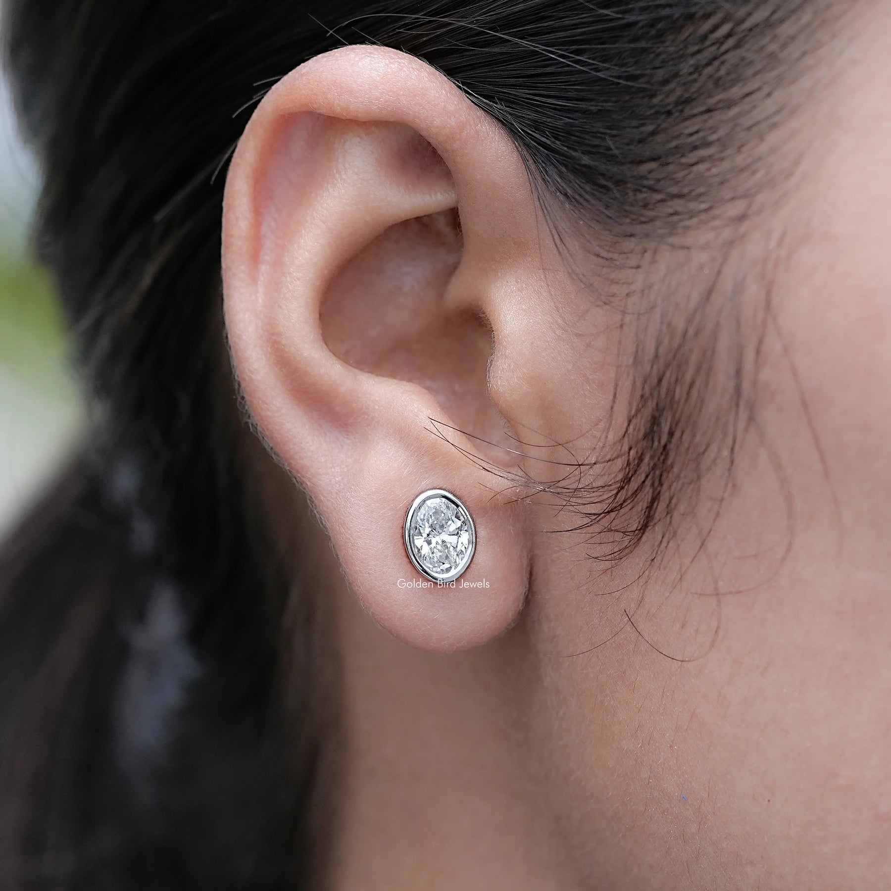 Bezel Set Oval Lab Diamond Stud Earrings