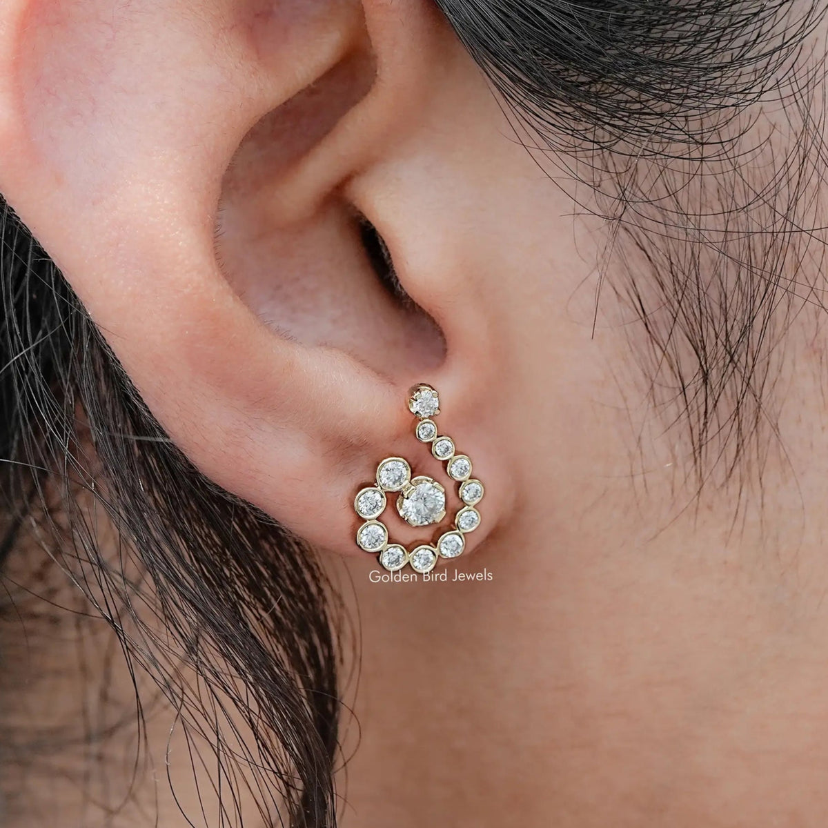 In Ear View Of Bezel Set Round Cut Moissanite Earrings