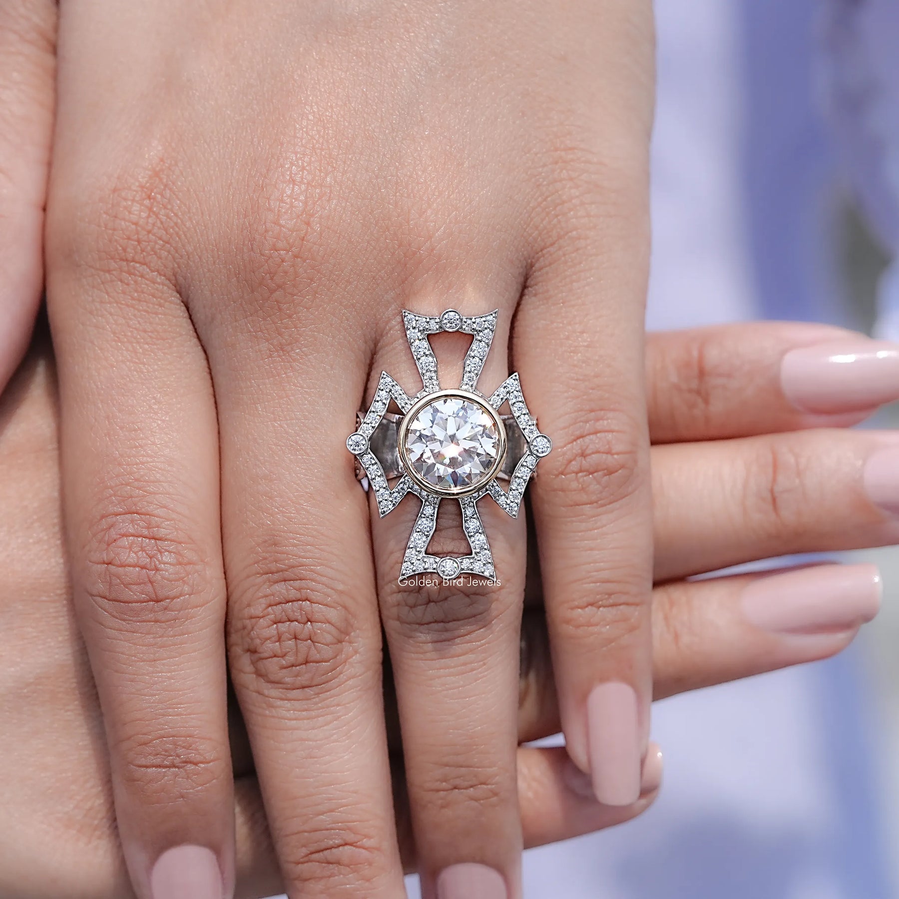 Close view of Bezel Set Round Cut Moissanite Vintage Style Ring