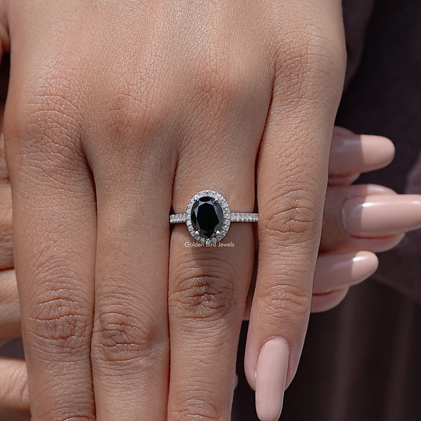 Black Oval Moissanite Gemstone Halo Accent Wedding Ring
