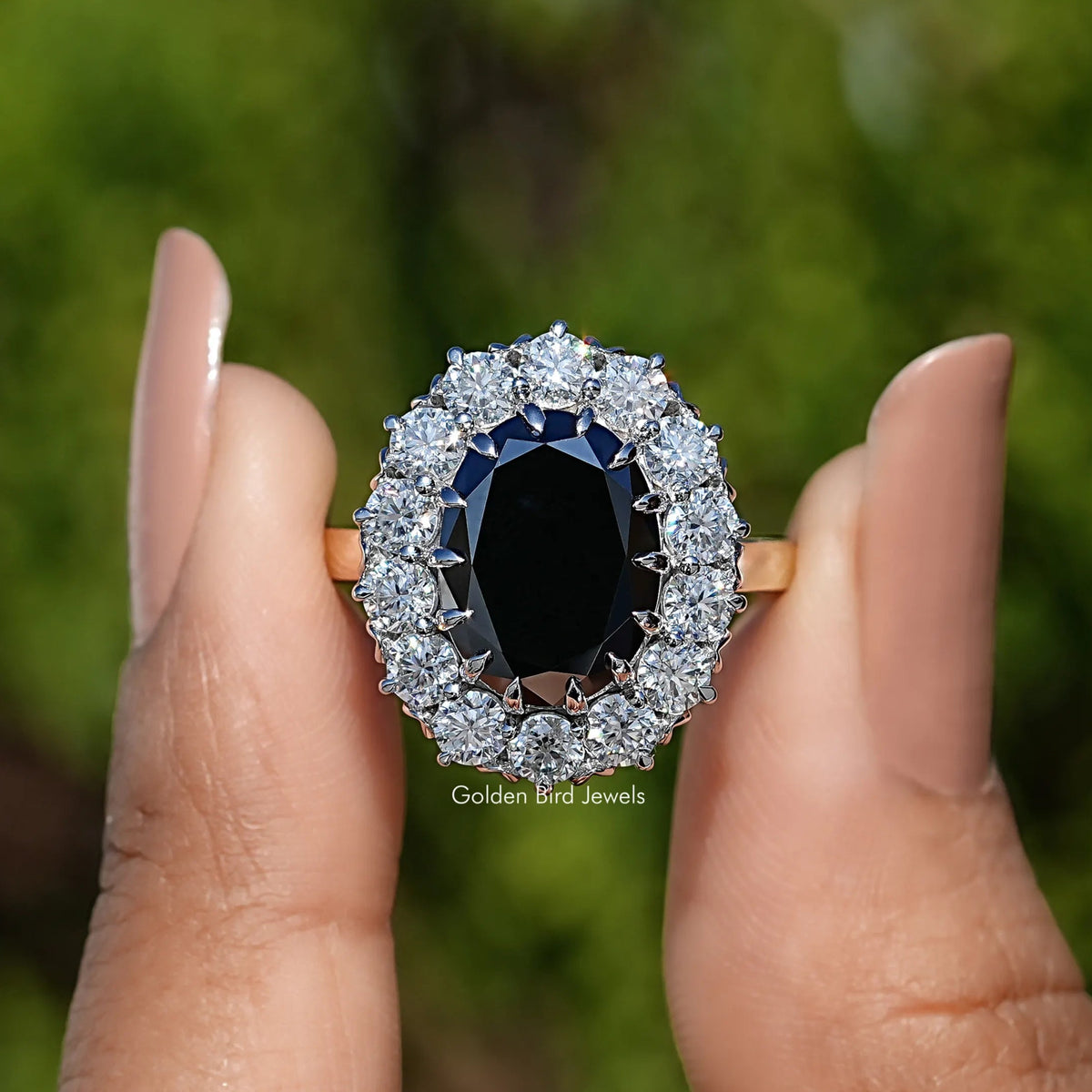 Black Oval Shape Moissanite Halo Engagement Ring