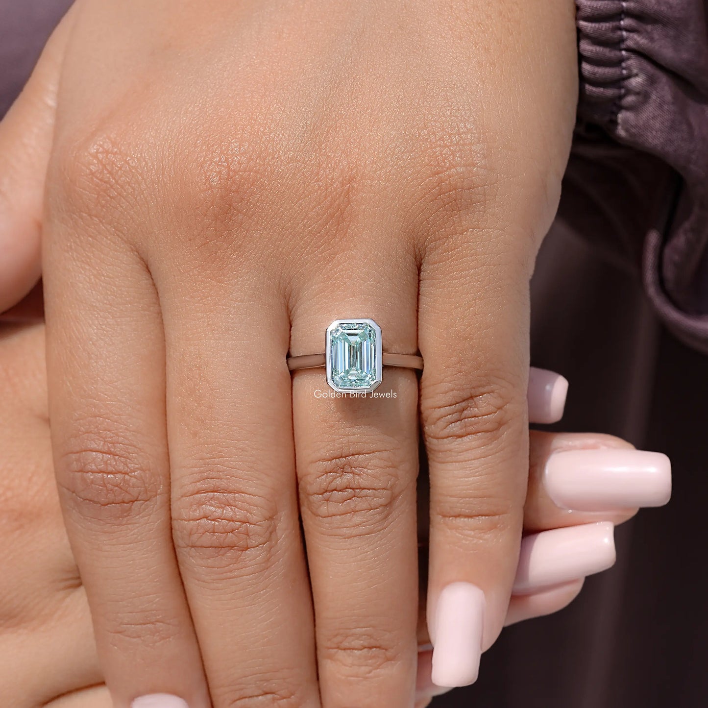 Blue Emerald Gemstone Bezel Set Moissanite Ring