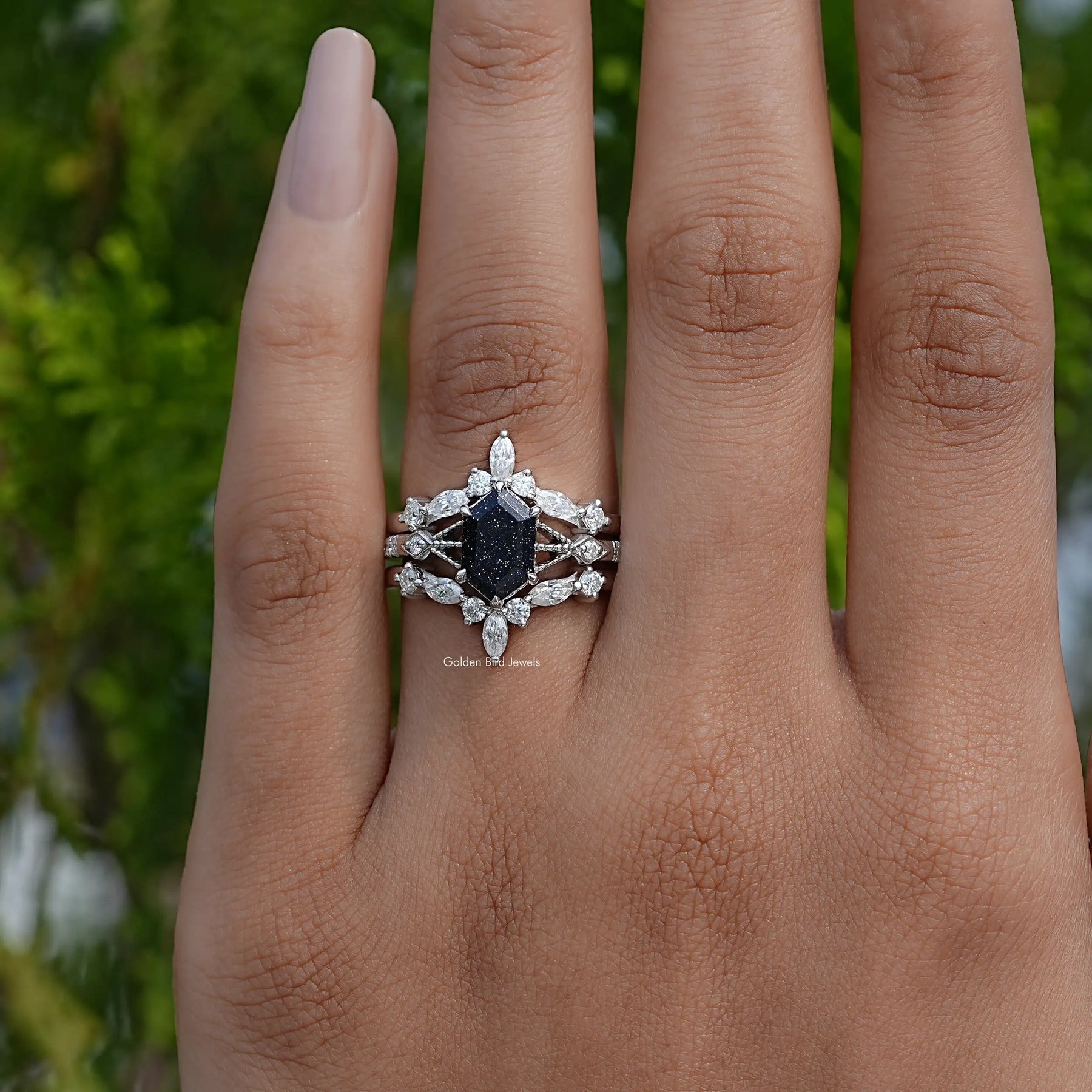View of Gemstone Hexagon Bridal Ring In White Gold