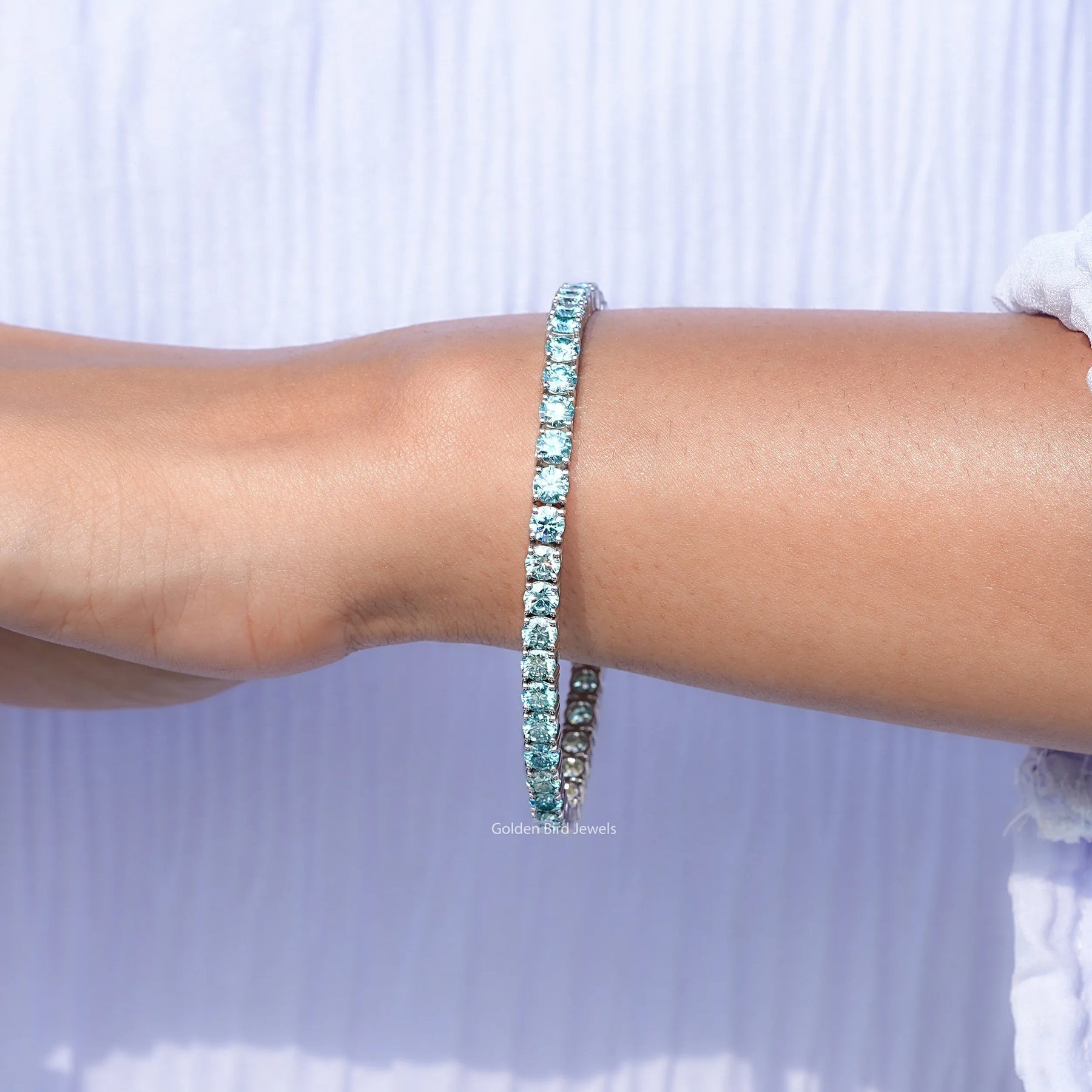 View Of Blue Round Cut Moissanite Tennis Bracelet