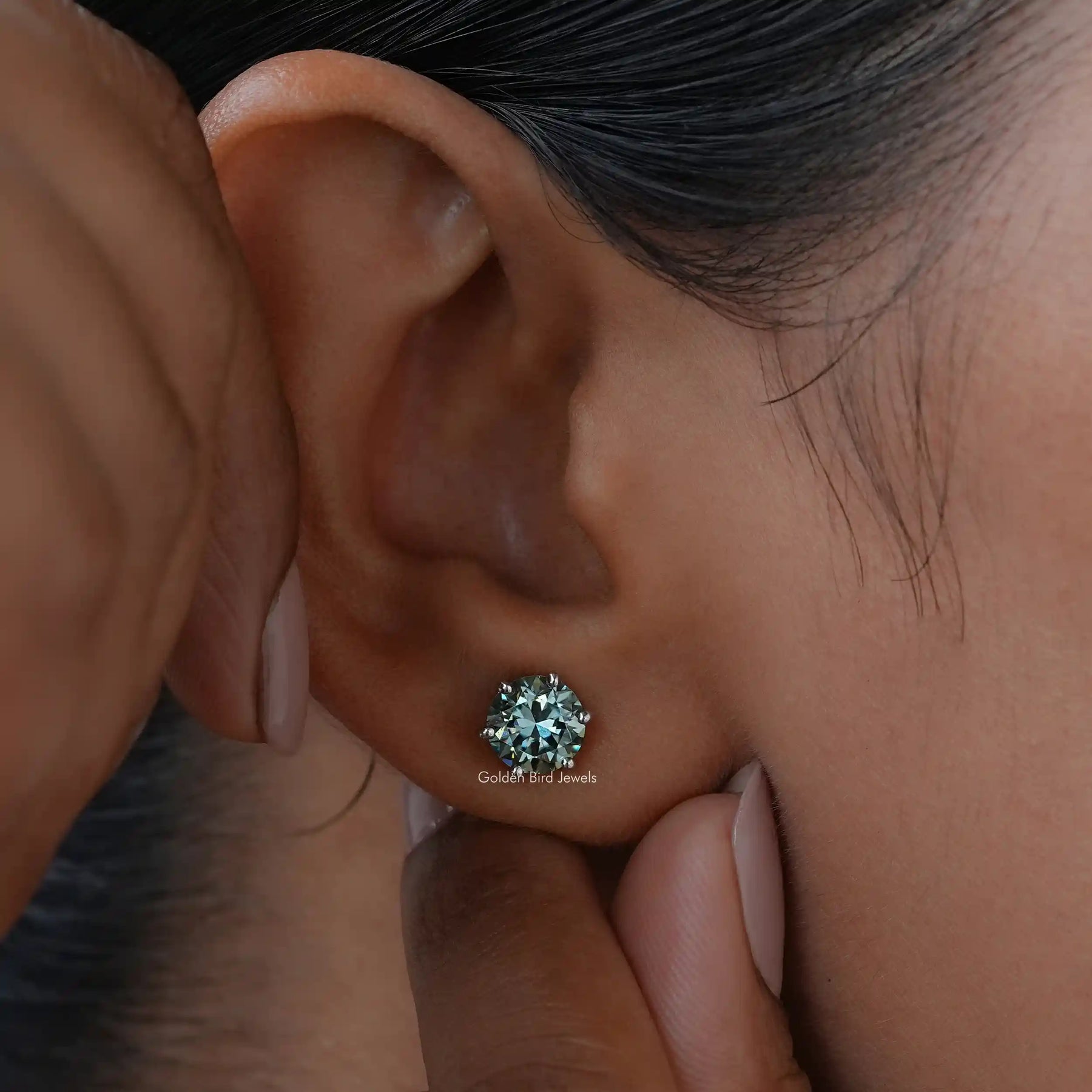 Detailed view of Blue Green Round Cut Moissanite Earrings