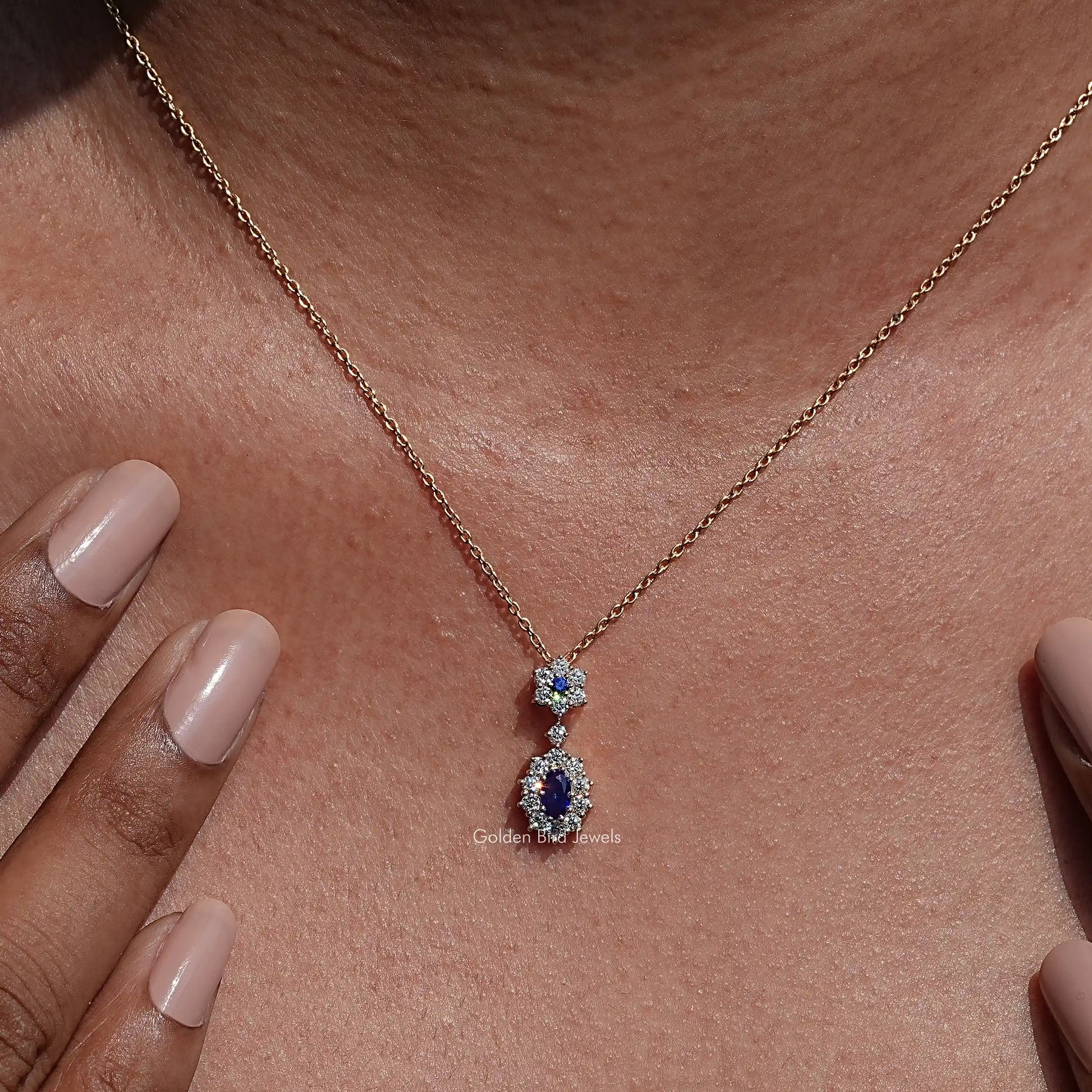 view of Blue Sapphire Oval Gemstone Pendant In Women's