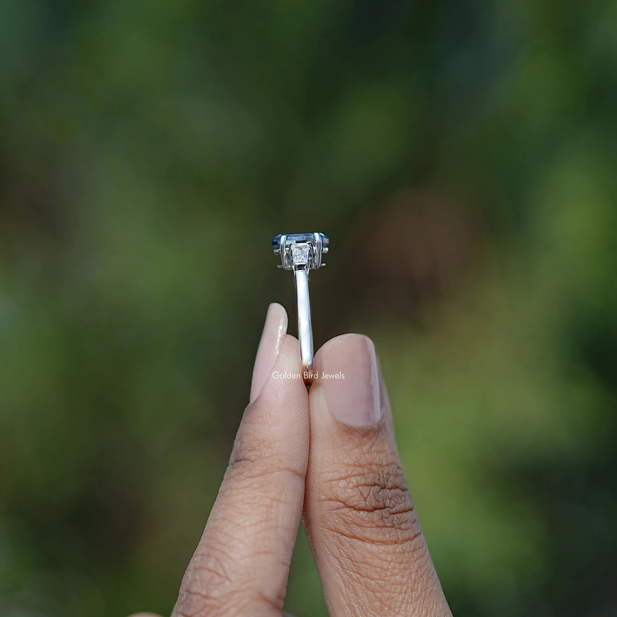 Side View of Engagement ring crafted Oval Cut Moissanite