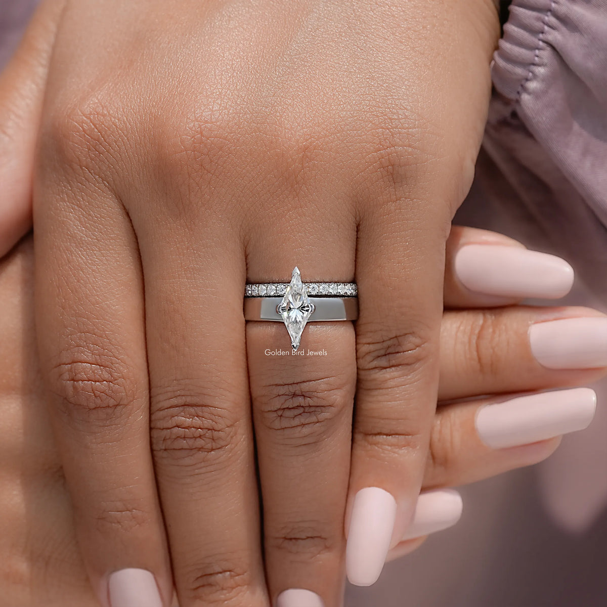 Lozenge Cut Moissanite Solitaire Diamond Bridal Set Ring