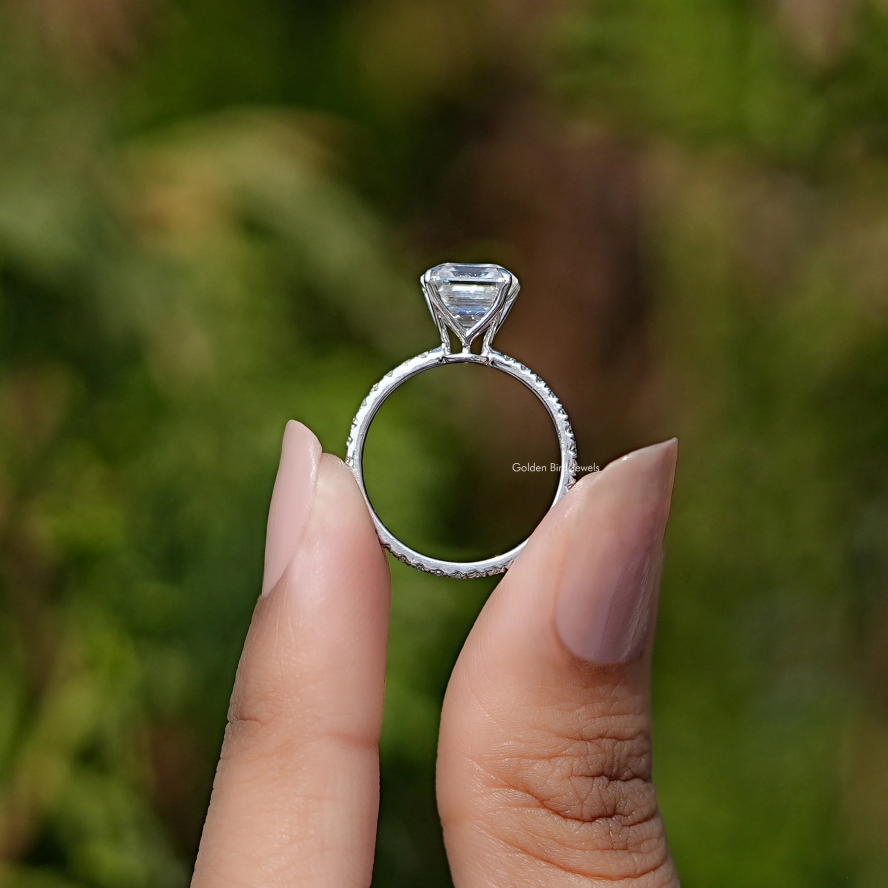 Back view of Asscher Cut Solitaire Moissanite Accent Ring
