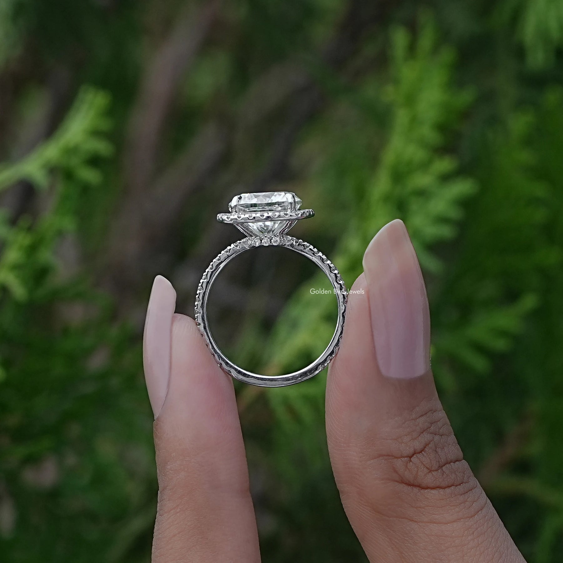 Back View of Cushion Cut Diamond Halo Engagement Ring In two fingers