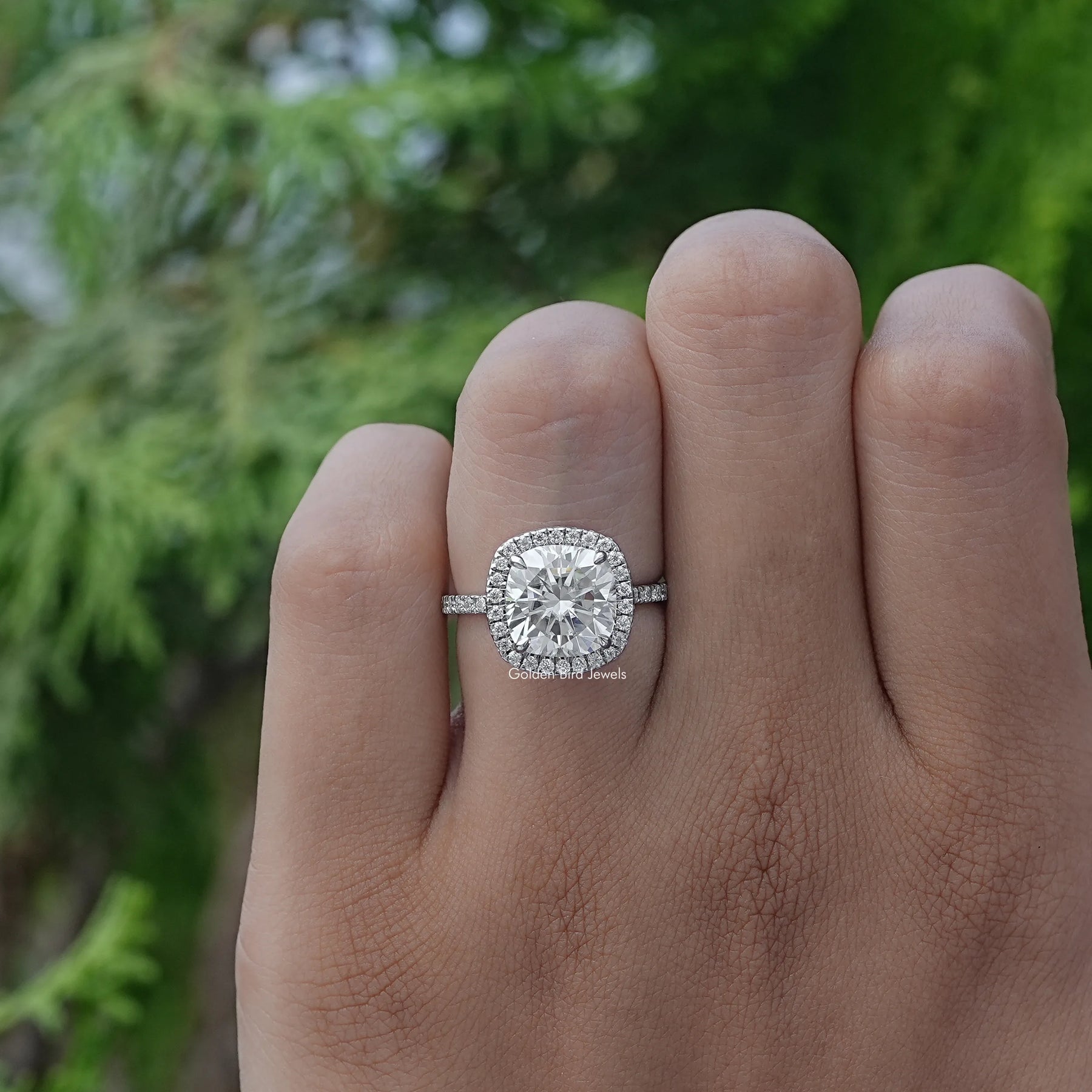 View of Cushion Cut Lab Diamond Engagement Ring In Finger