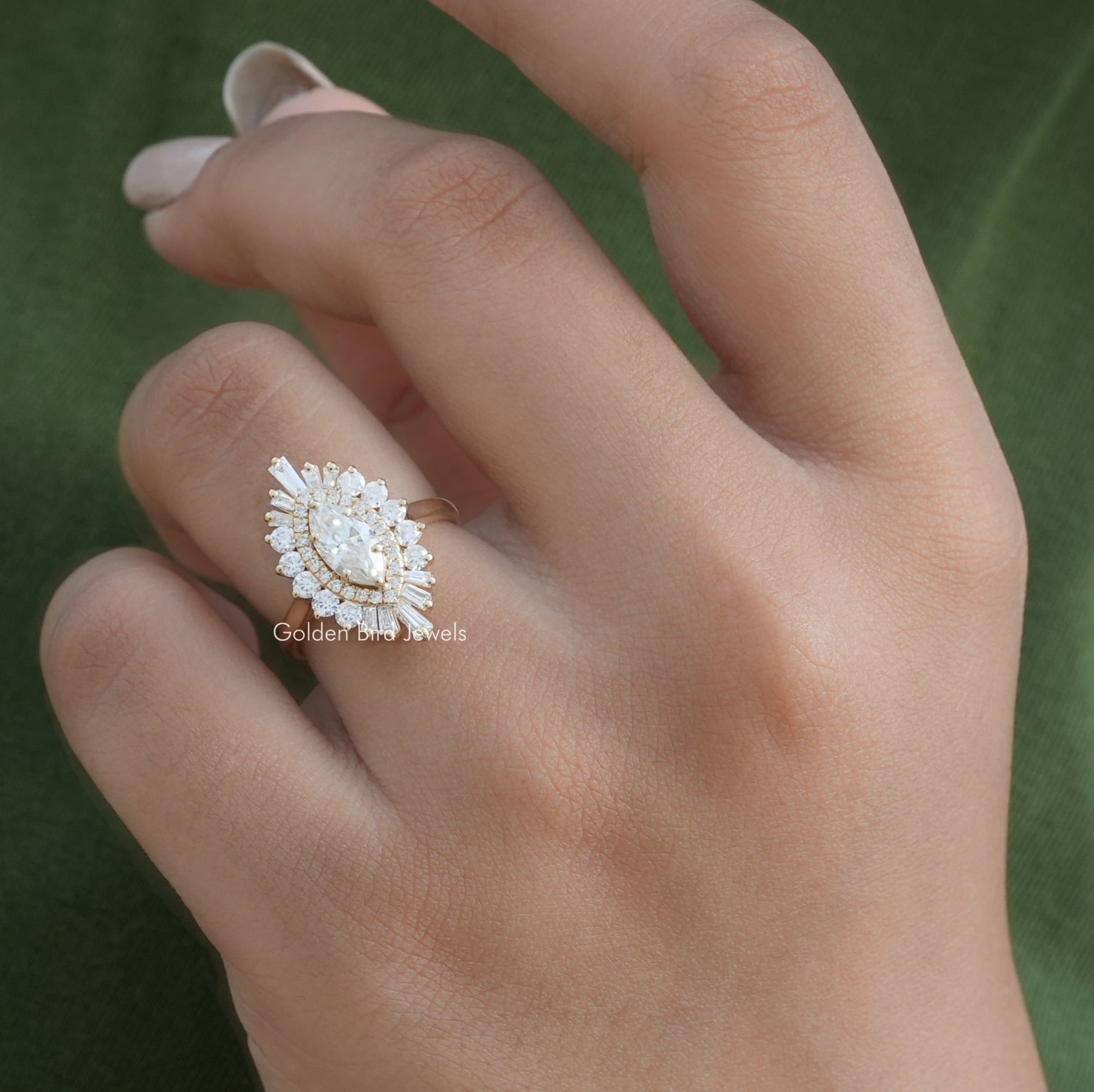 View of Marquise Cut Lab Diamond Ballerina Ring In Yellow Gold