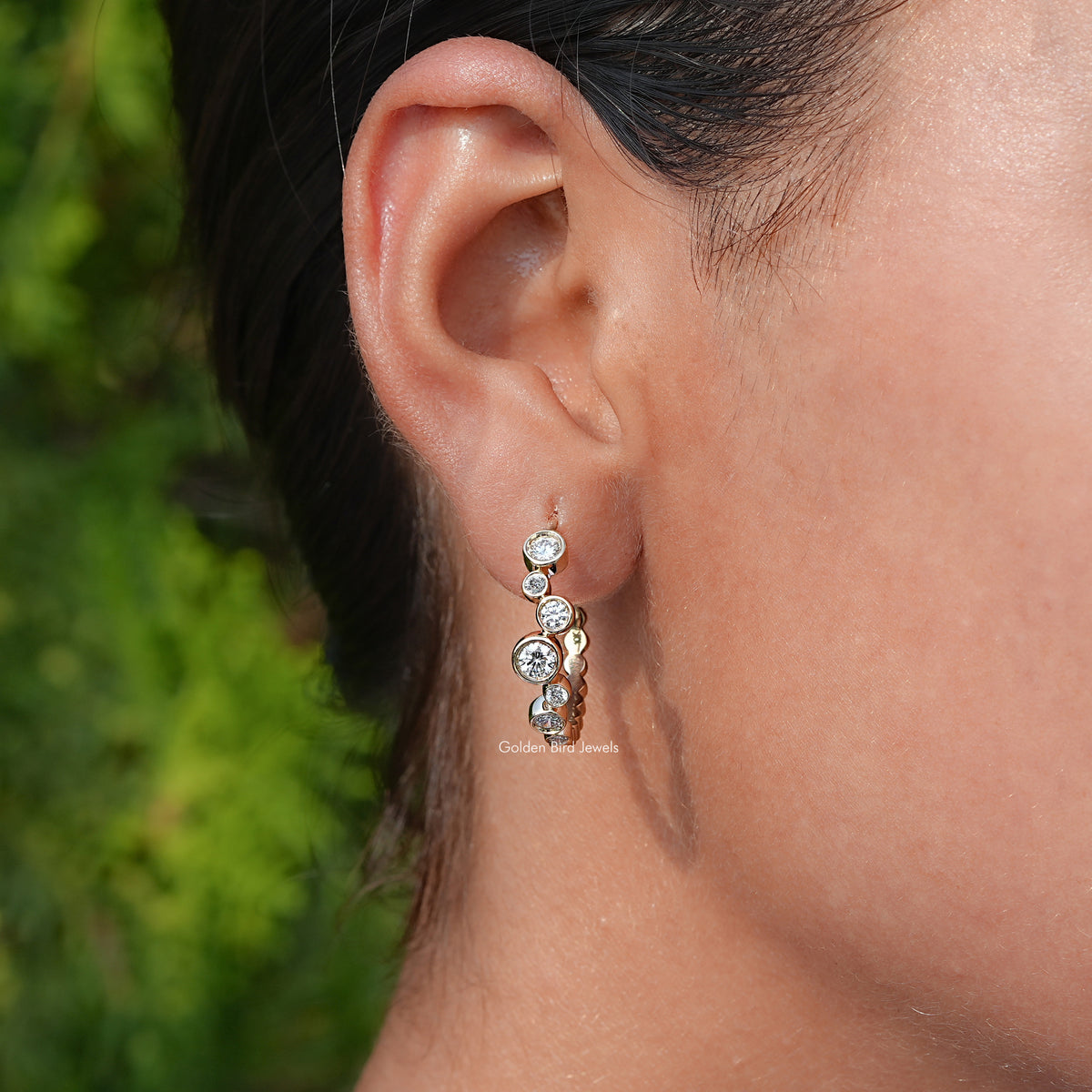 Front View of Round Cut Diamond Bezel Set Hoop Earrings for Women In Ear 's