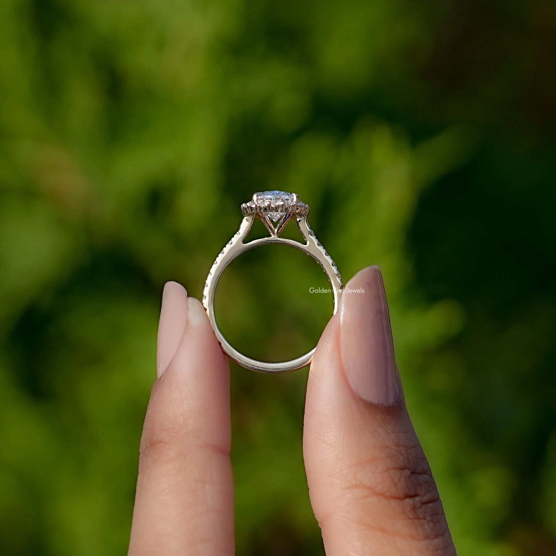 Back View of Oval Cut Diamond Halo Engagement Ring In two fingers