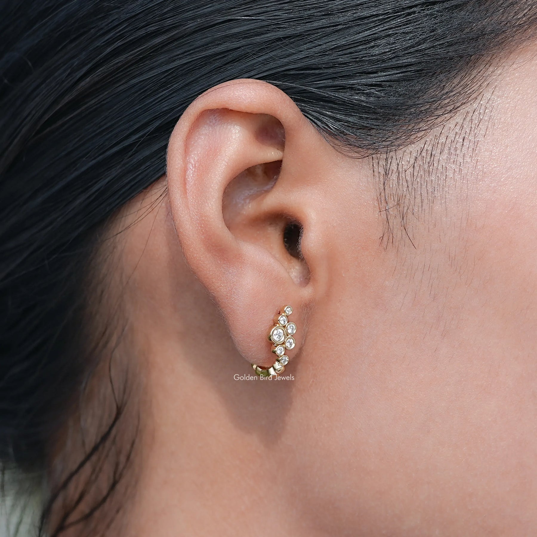 Detailed view of Round Lab Diamond Hoop Earrings in secure setting