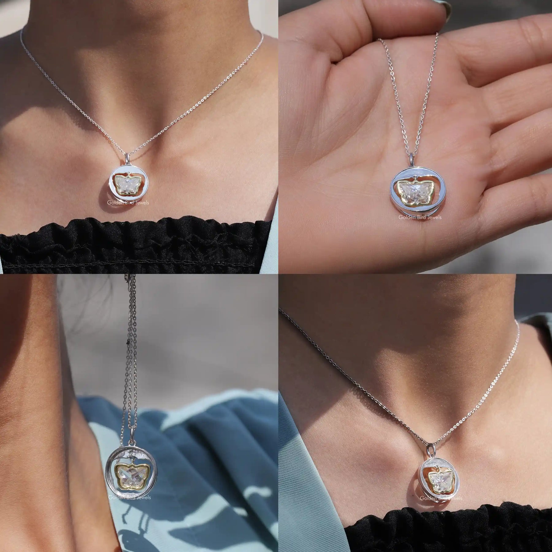 Front back side and close view of moissanite pendant in butterfly cut