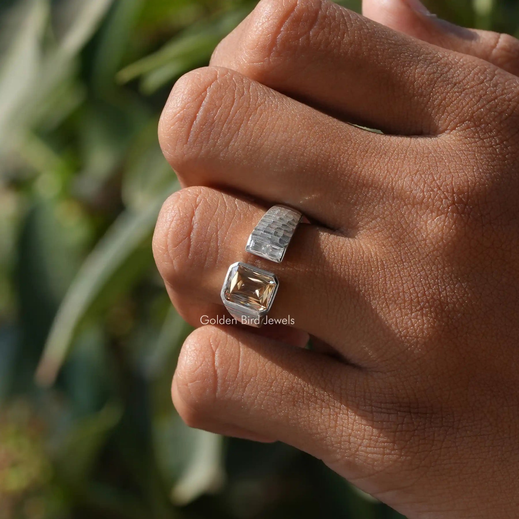 View of Criss And Baguette Cut Moissanite Ring In finger