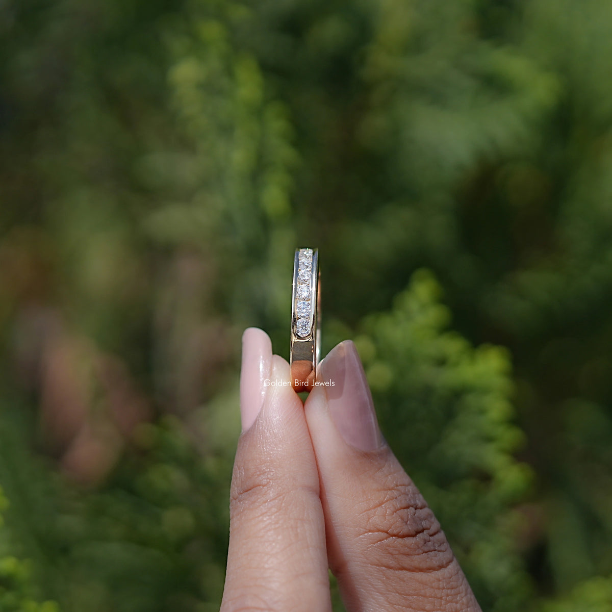 Lab Diamond Round Cut Half Channel Set Wedding Band