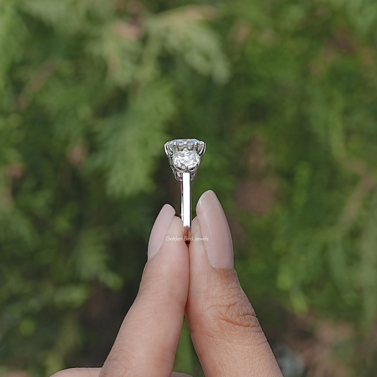Side View of Old Mine Cushion Three Stone Moissanite Ring