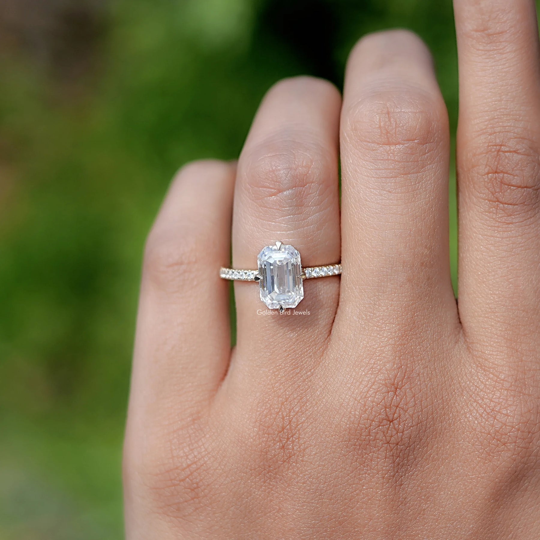 Emerald Cut Moissanite Hidden Halo Engagement Ring
