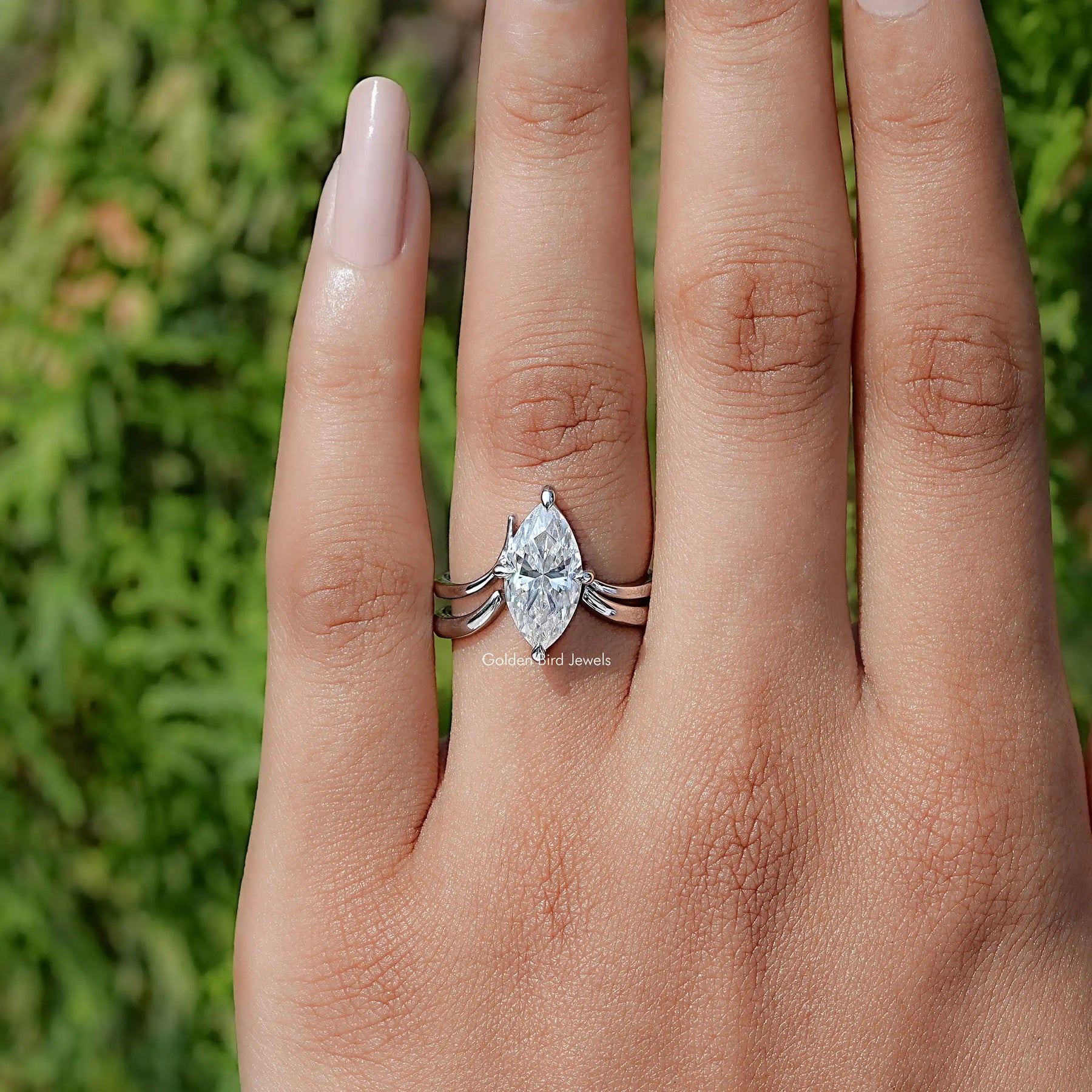 View of Marquise Cut Moissanite Solitaire Chevron Ring