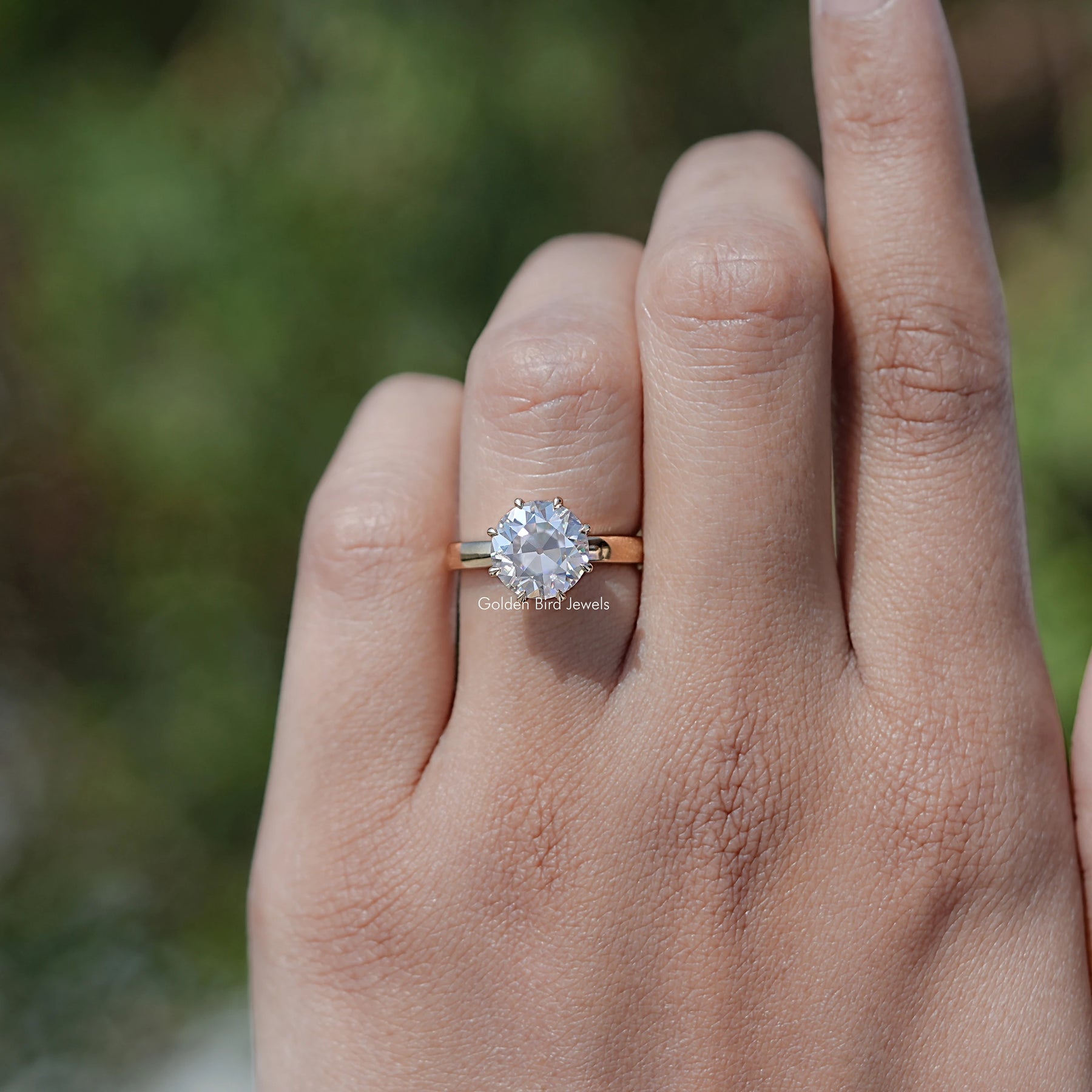 In front finger View Of Round Moissanite Solitaire Ring