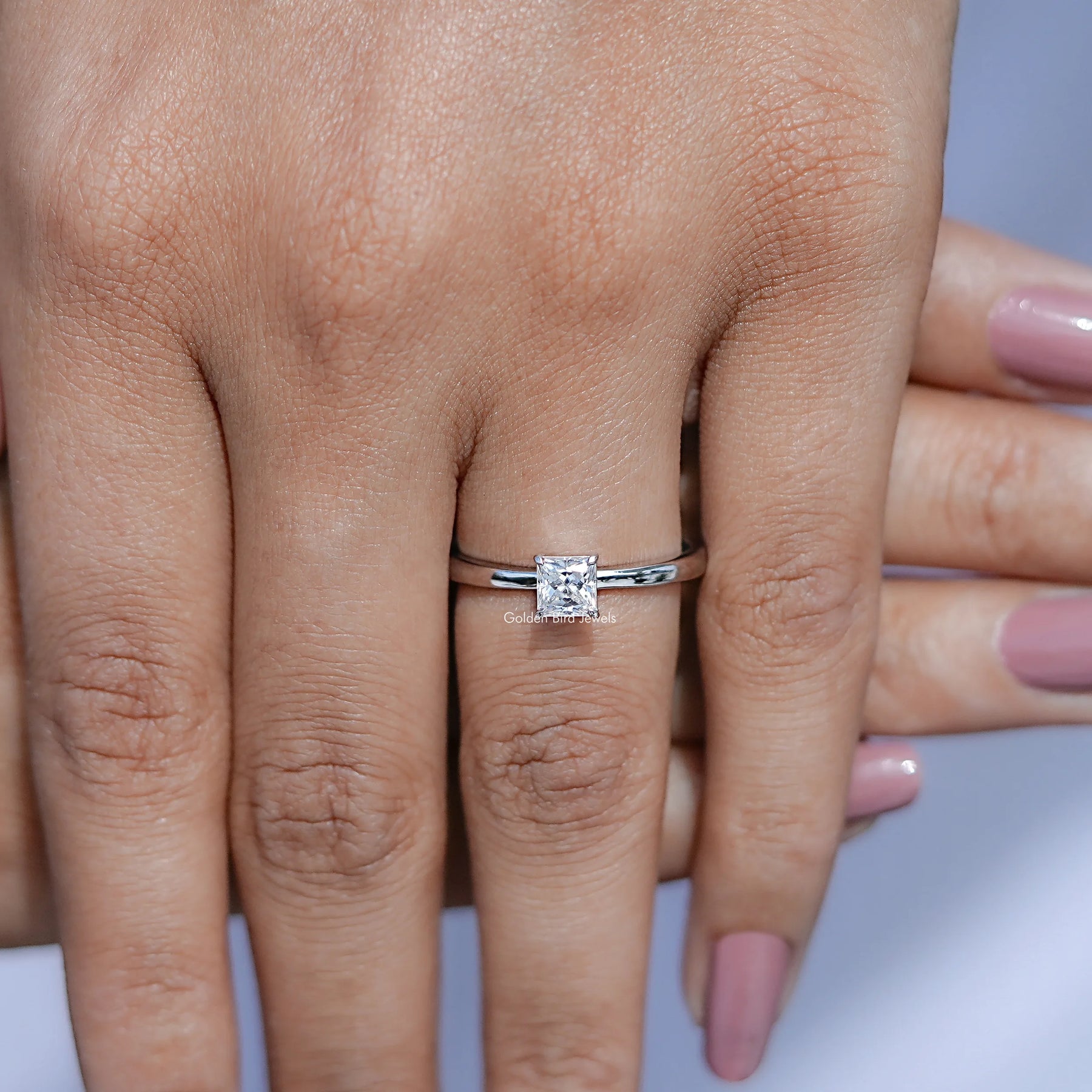 Close view of Princess Cut Moissanite Solitaire Ring