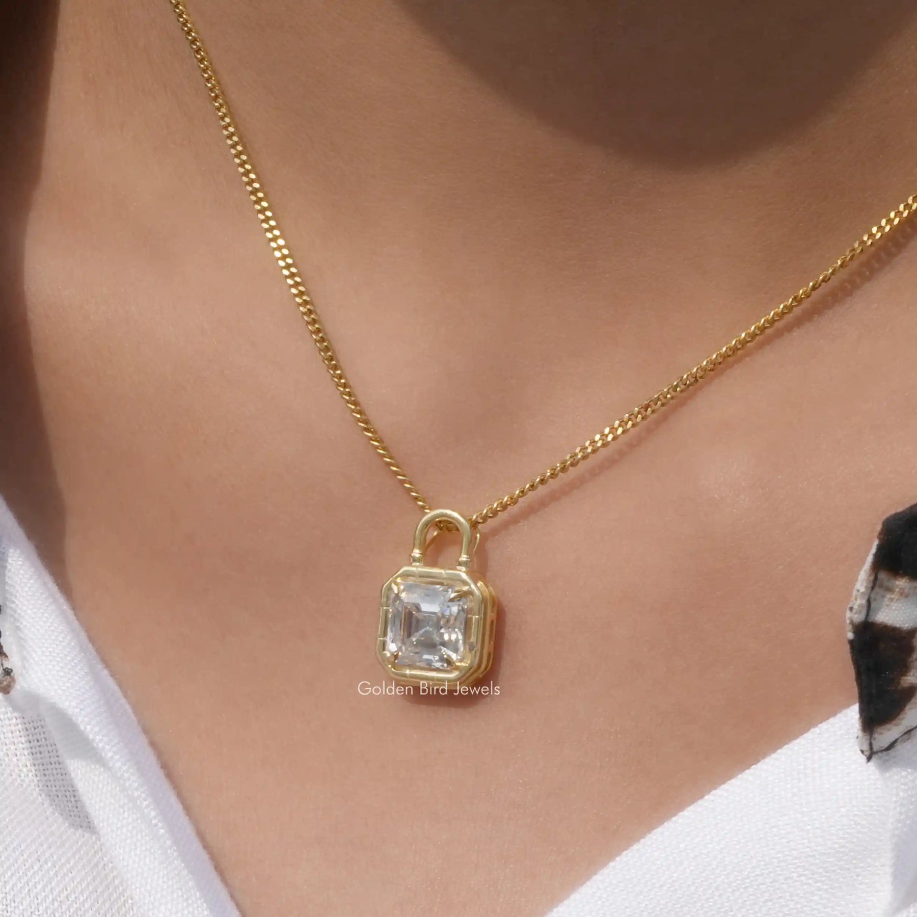 In front view of diamond Asscher cut pendant