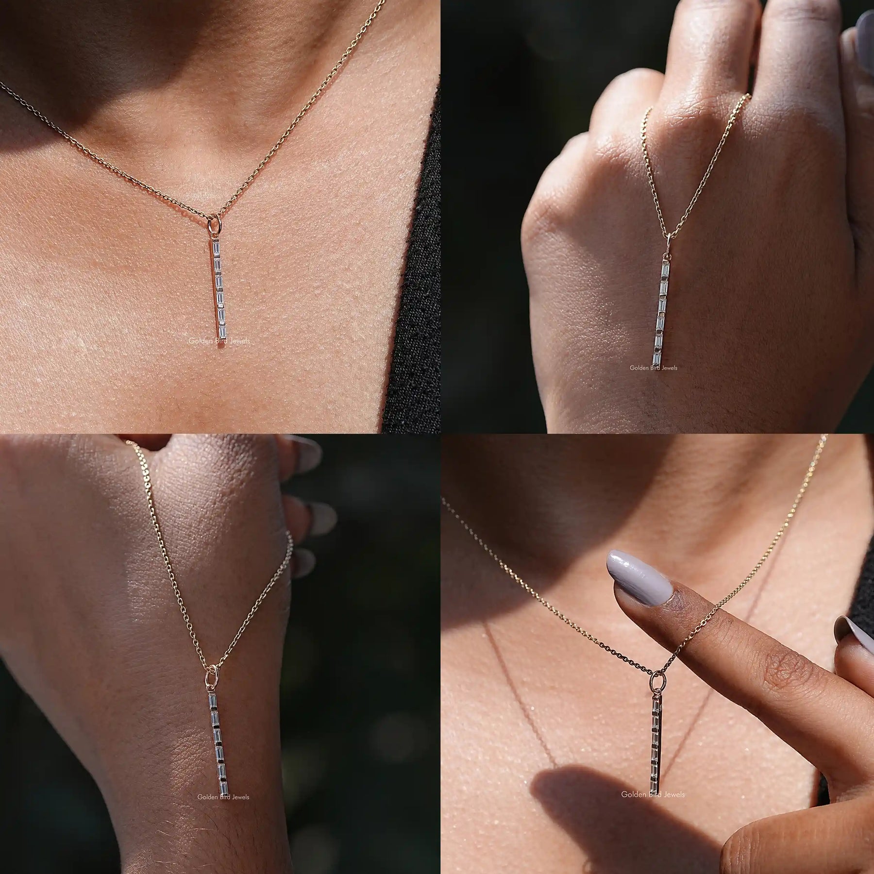 Front back side and close view of baguette moissanite pendant